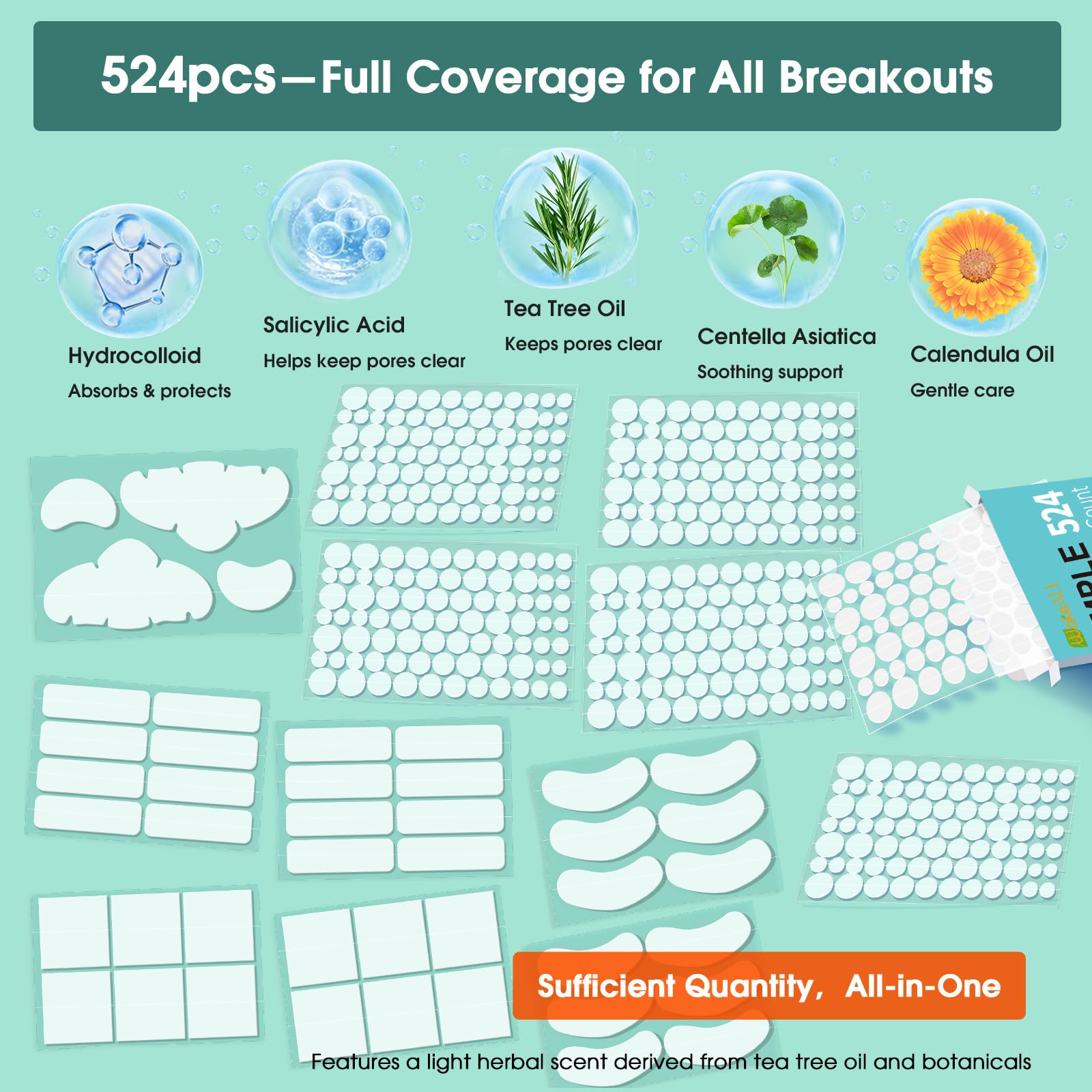 Patch Brufoli, Pimple Patch XL for Face&Body,524 cerotti idrocolloidali per ampie zone con estratto di tea tree, adesivi grandi per brufoli in 5 forme e 10misura, assorbono rapidamente sebo e liquidi