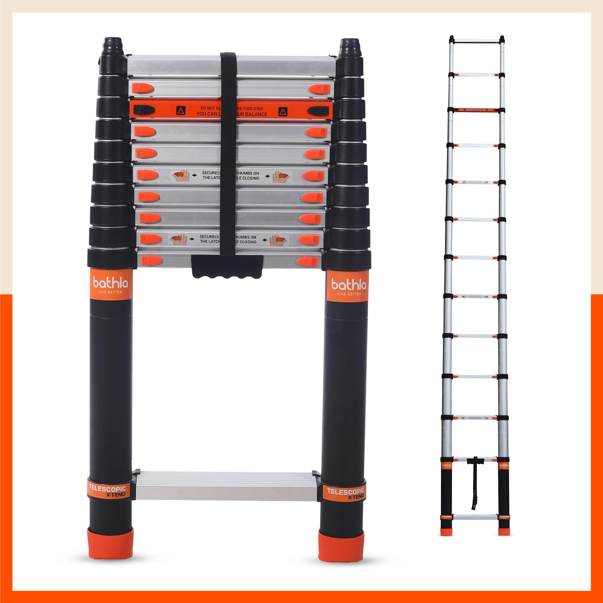 Bathla 10.5ft Aluminium Telescopic Ladder | 2-Year Manufacturer Warranty | Portable & Compact | Made in India (11 Steps - 3.2m) - Foldable Multipurpose Step Ladder for Home & Outdoor use
