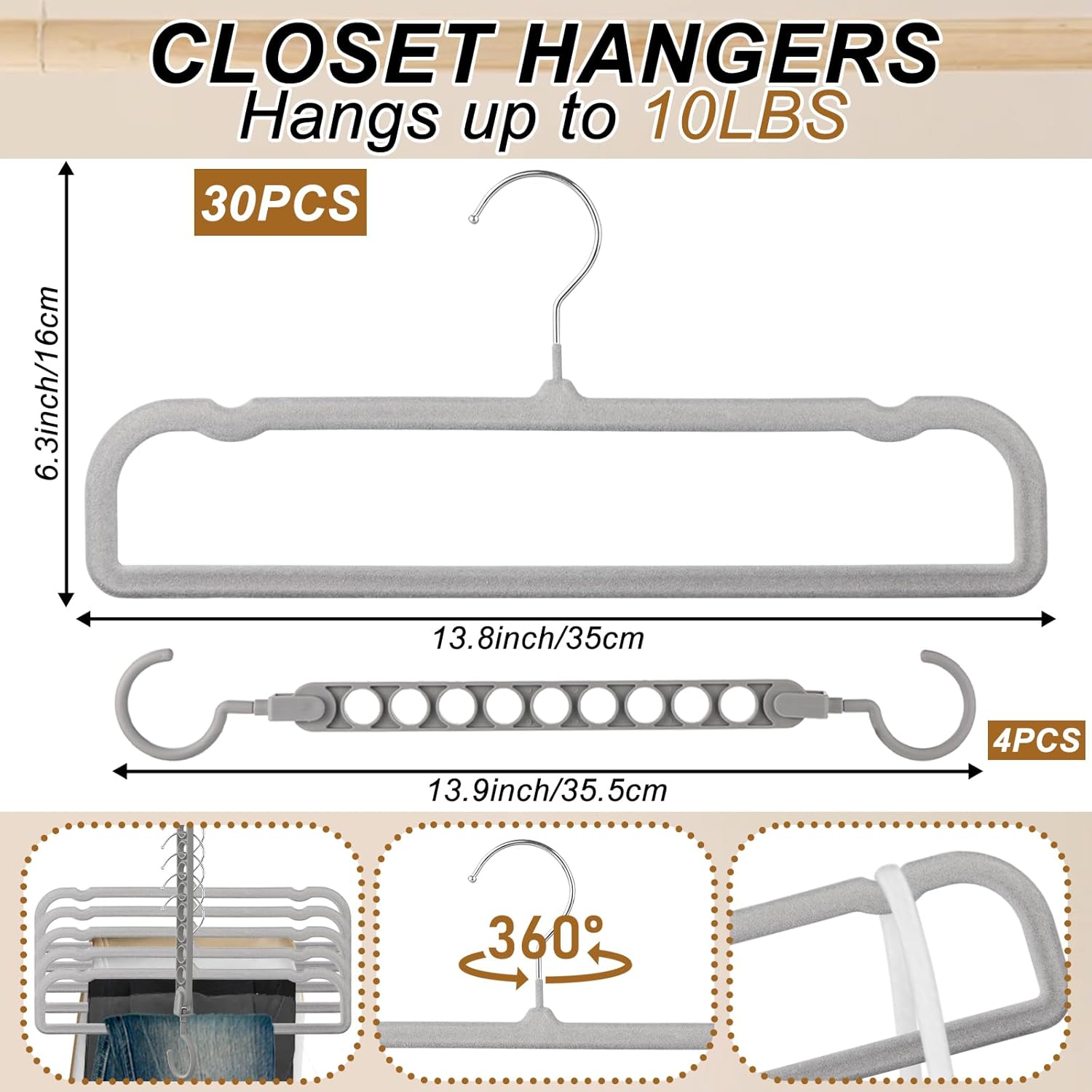 Velvet Pants Hangers Non Slip, 30 Pack Velvet Hangers for Closet with Porous Hooks, Strong Durable Space Saving Slim Clothes Hanger, Ultra Soft Flocked Hanger for Pants/Shirts/Bra/Shorts (Grey)