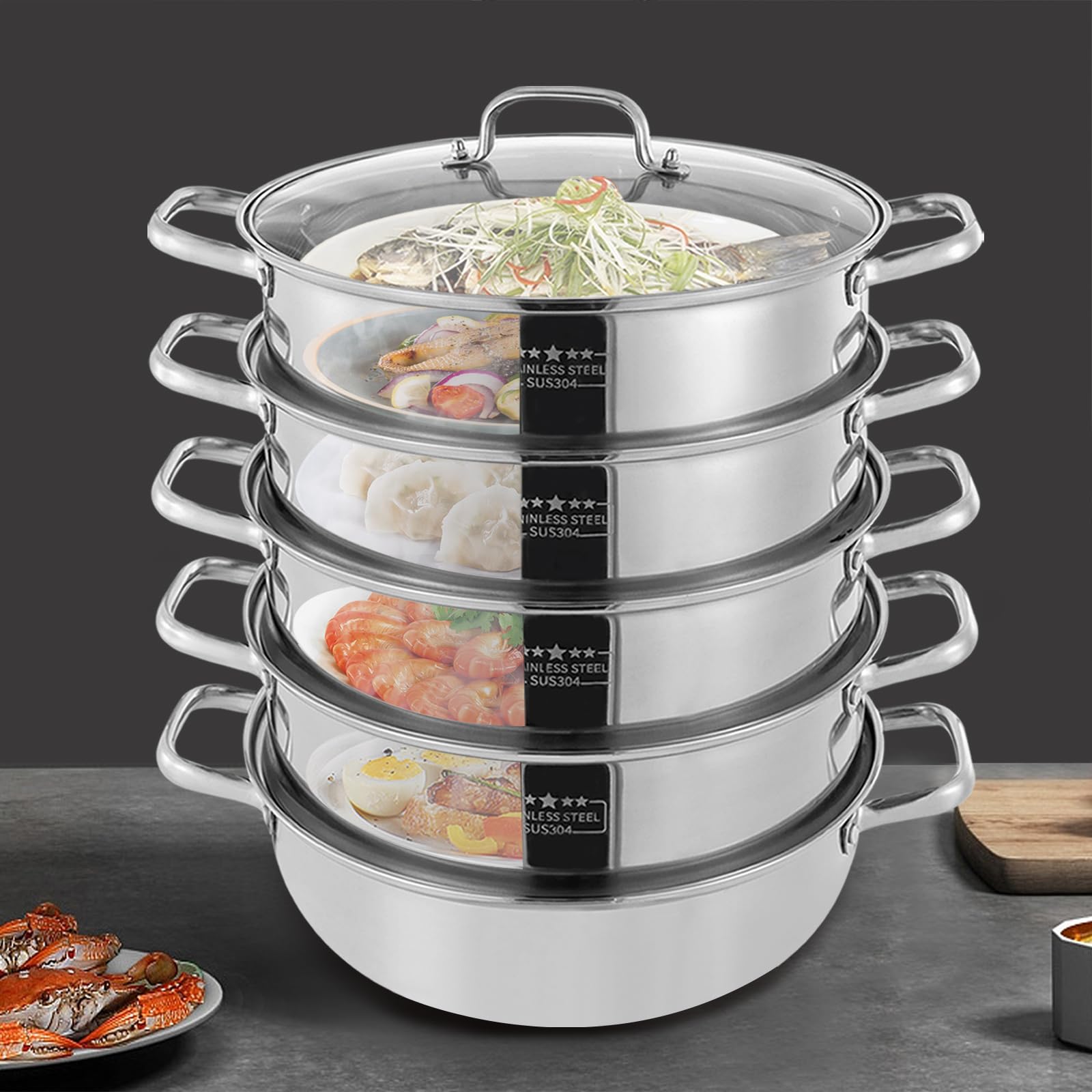 Dampfgarer Edelstahl 32cm 5 Etagen Dampfkocher Gemüse Kartoffeldämpfer mit Dampfeinsatz und Zwei Griffe Stapelbar, Glasdeckel für Gasherden, Induktionsherden und Keramikherden Kompatibel