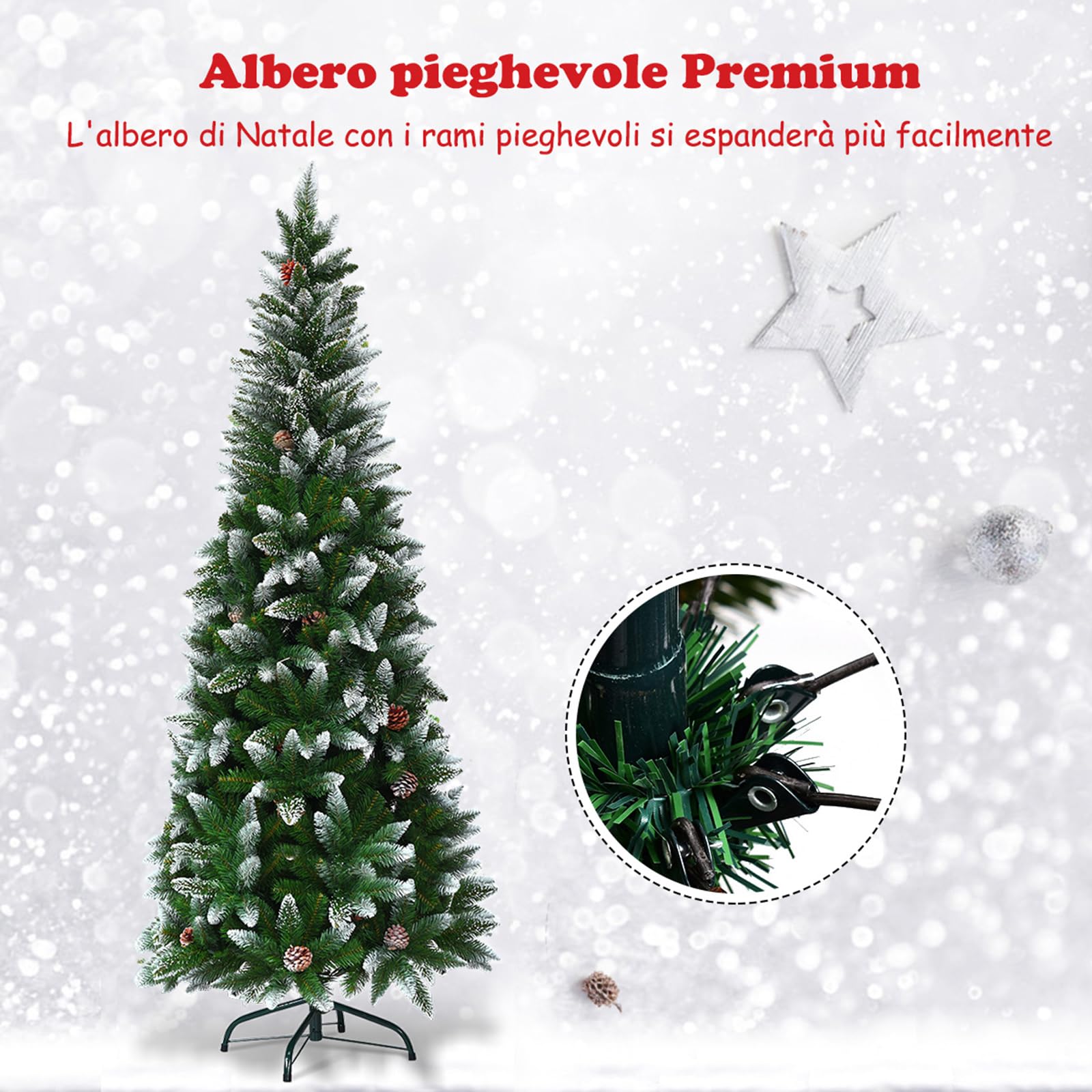 COSTWAY Albero di Natale Innevato 180/220 cm, Albero di Natale Slim con Pigne, Base di Metallo e Rami Rigogliosi in PVC, Ideale per Casa, Ufficio e Negozio (180 cm)