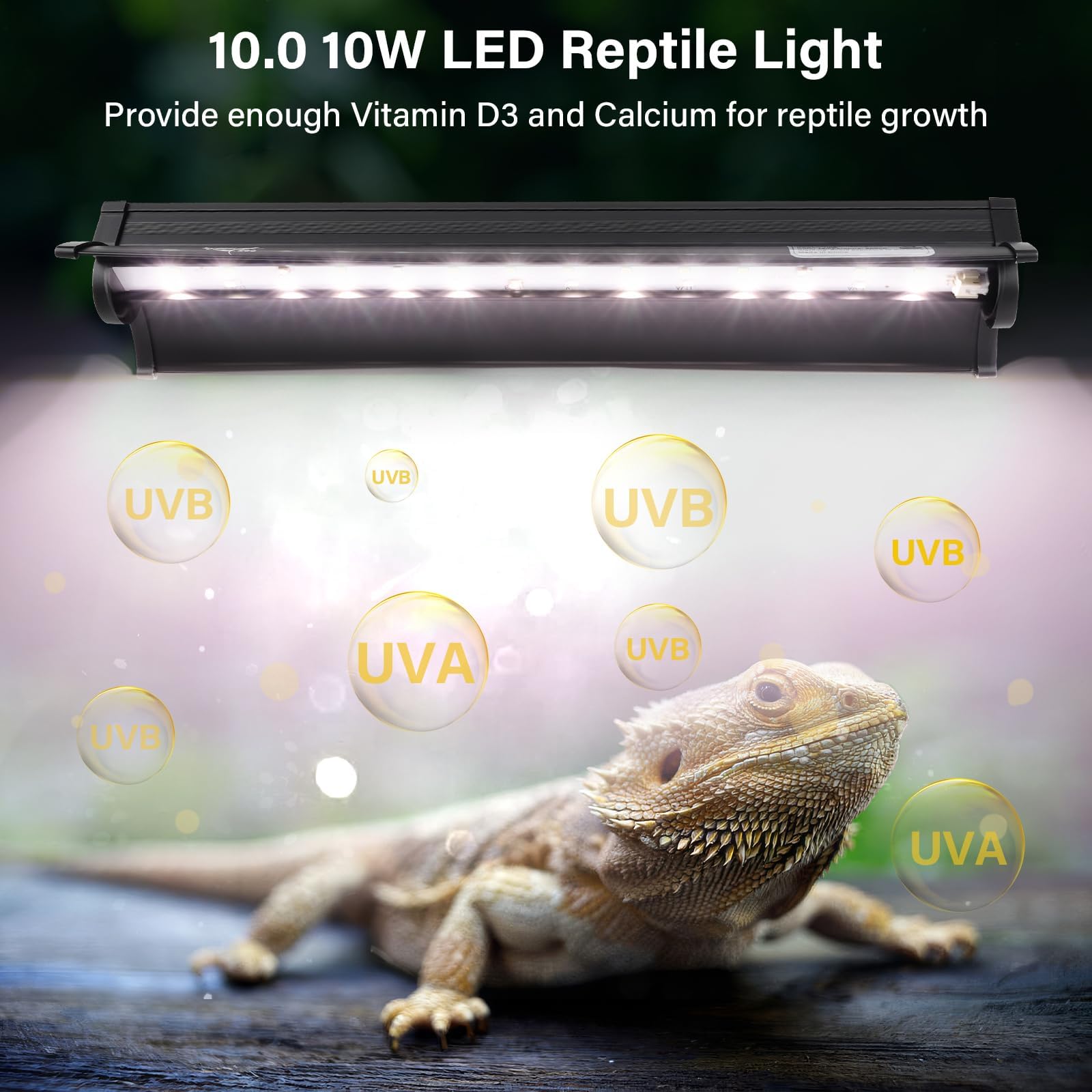 UVB Light for Reptiles, 10W HO LED UVB Reptile Light Fixture UVA UVB Lamp Bulb Terrarium Light for Bearded Dragon Turtle Snake Crested Gecko Chameleon, 12 Inch - image 2