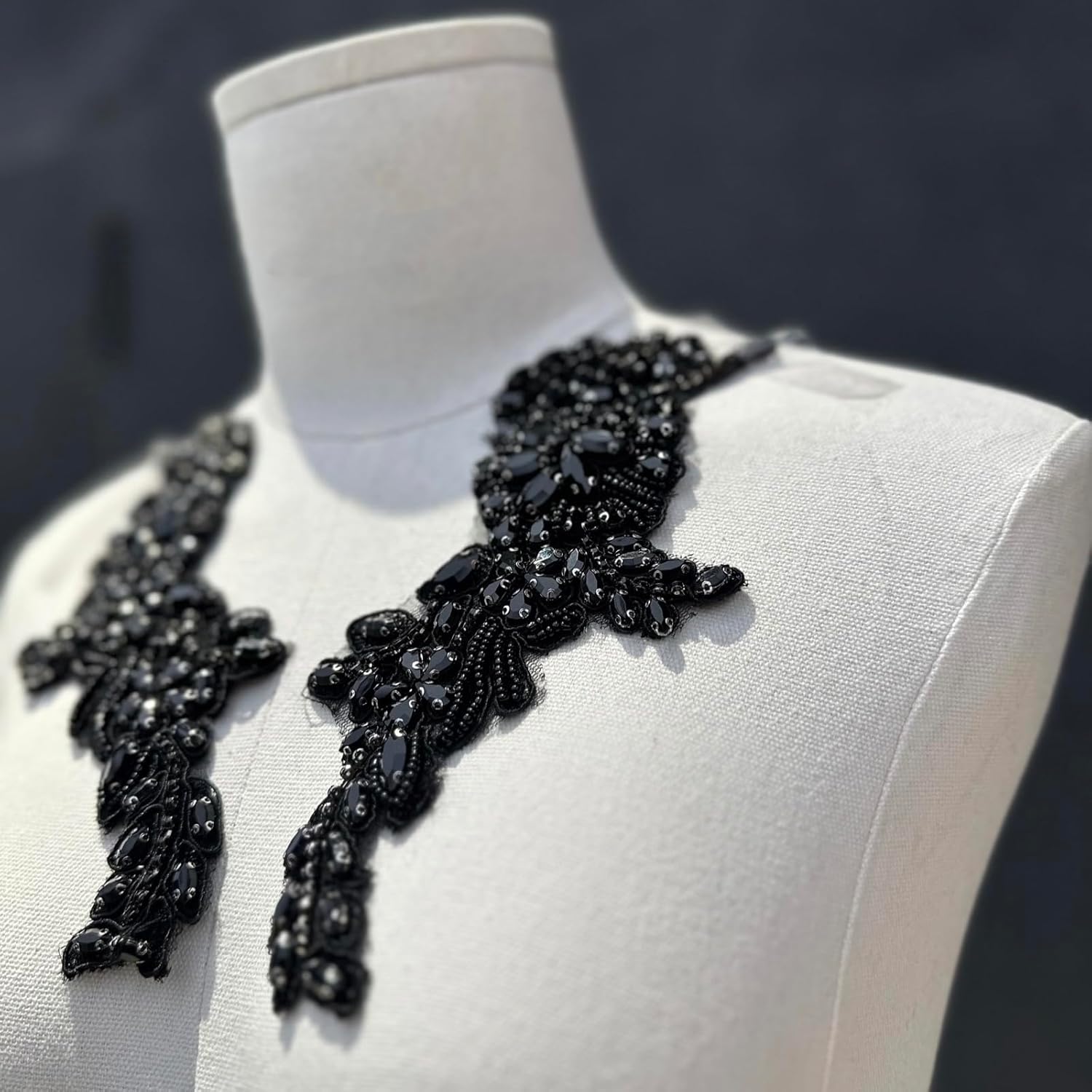 Handmade Black Beaded Applique, Rhinestone Applique for Dresses, Gowns, Clothing, Bags, Jewellery and Other Decorative Accessories (Black-3)