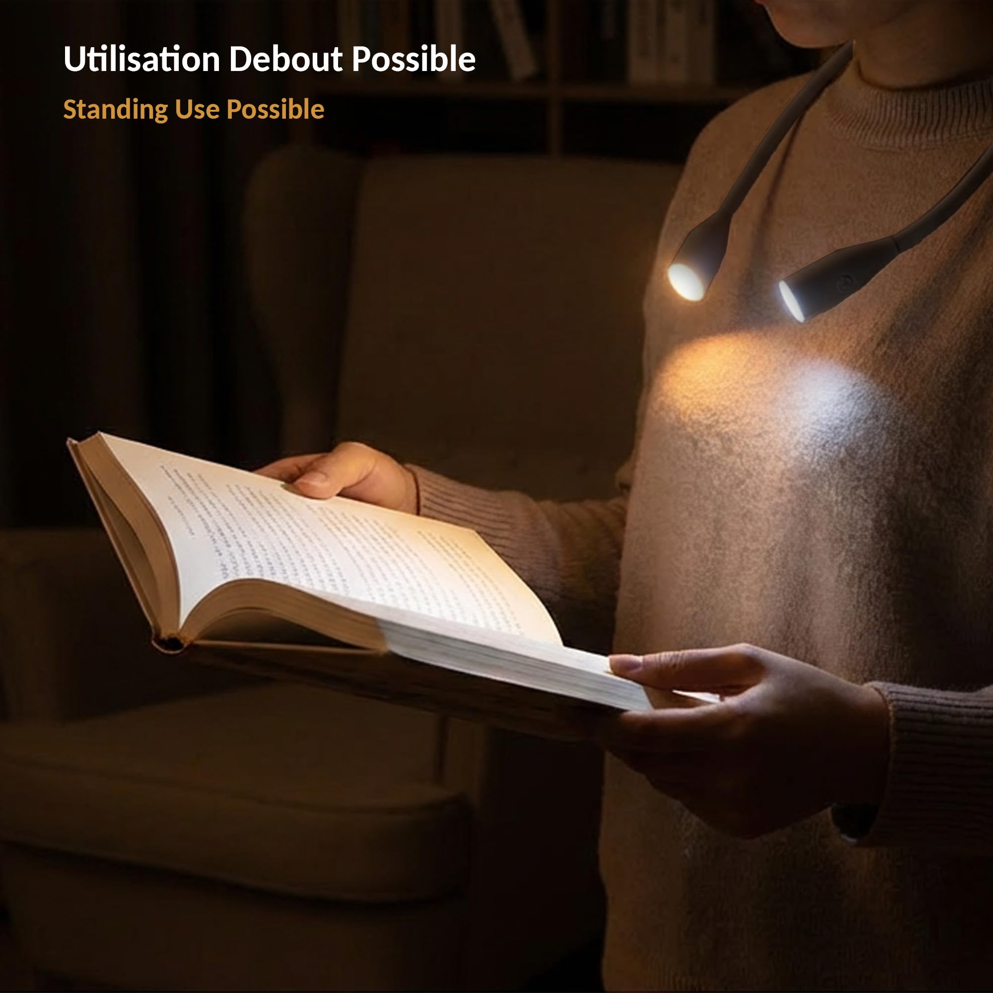 Fishtec - Lampada da lettura da collo ricaricabile - 3 colori di luce 3 intensità bracci flessibili in silicone morbido USB-C 6-20 ore di autonomia - Lettura cucito fai da te viaggio