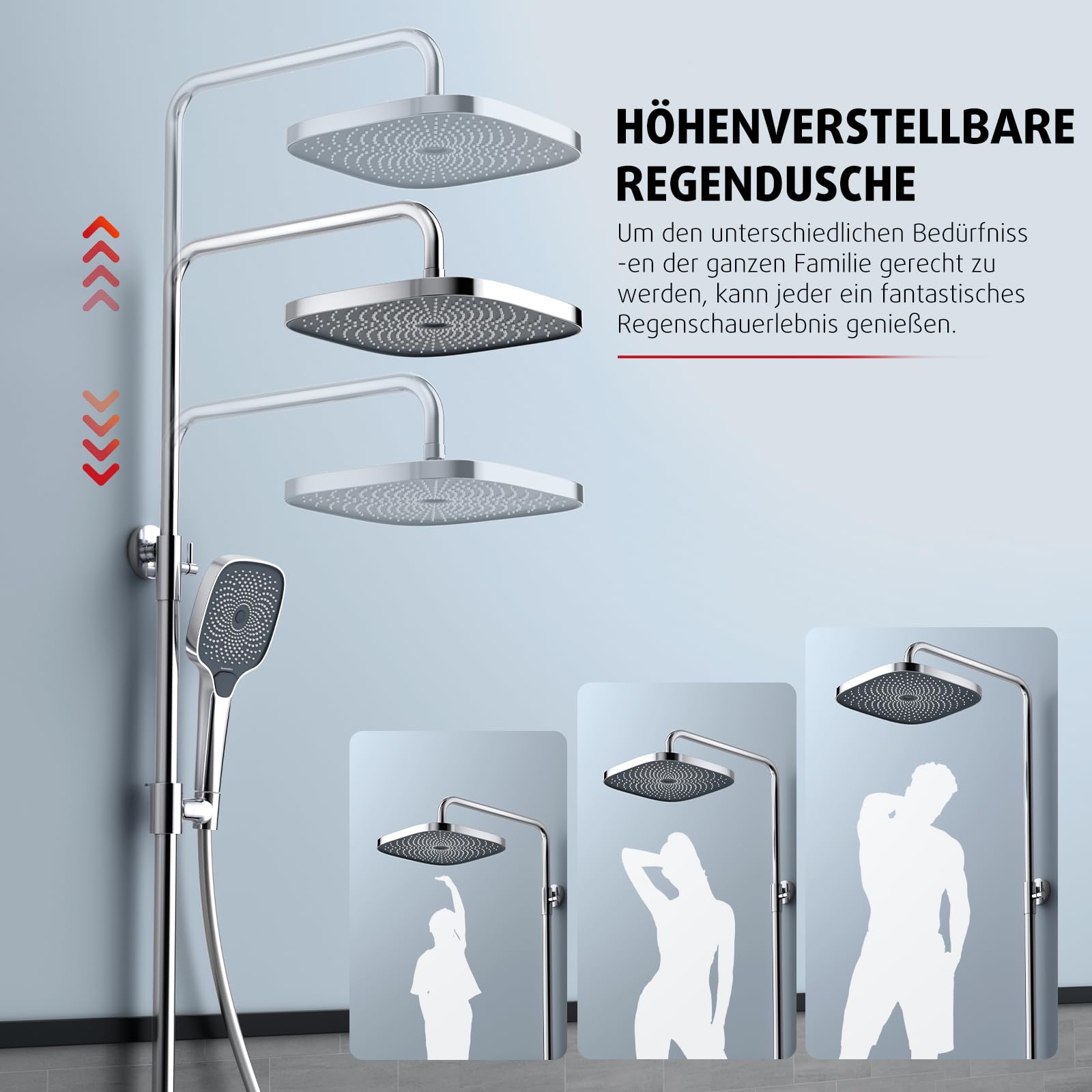 Rainsworth Duschsystem mit Thermostat und Glasablage 26 x 26 cm, Chrom | Ein-Tast-Bedienung & Durchflussregelung Duscharmatur Komplettset, Regendusche, Handbrause 3 Strahlarten -Duschset mit armatur