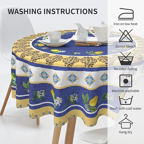 Miniatura 6 de Mantel redondo amarillo y azul de 60 pulgadas, para primavera y verano, color limón, lavable, color azul marino, para cocina, comedor, vacaciones,