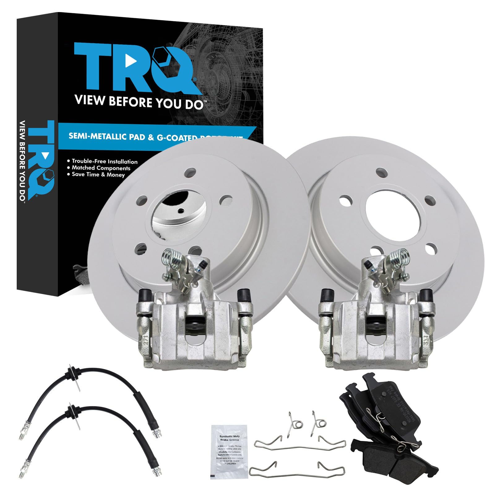 TRQ Rear Brake Pad and Rotor Set Semi Metallic G Coated Rotors Calipers Compatible with 2012-2016 Ford Focus