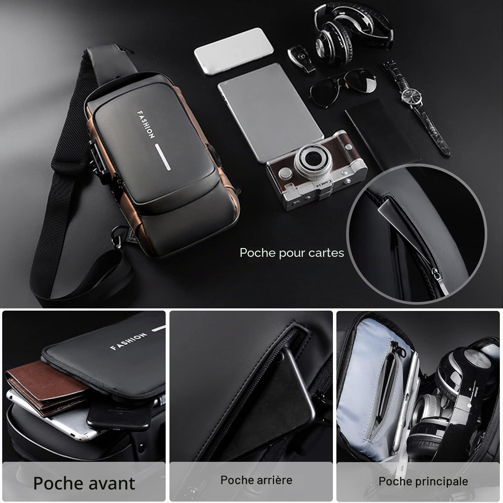 FANDARE Antivol Sac Poitrine Affaires Sacs de Bandoulière Sacoche avec USB Sac d'Epaule pour Homme Voyage Randonnée Vélo Camping Excursion Impermeable Multi-Poches Petit Sac a Dos
