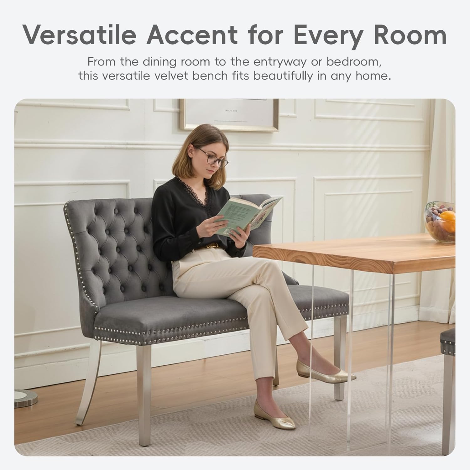 Velvet Double Dining Loveseat Bench with Wing Back, Tufted Upholstered 2-Seat Design,Silver Stainless Steel Legs, Modern Mid-Century Accent Seating for Dining Room, Kitchen, or Entryway (Gray)