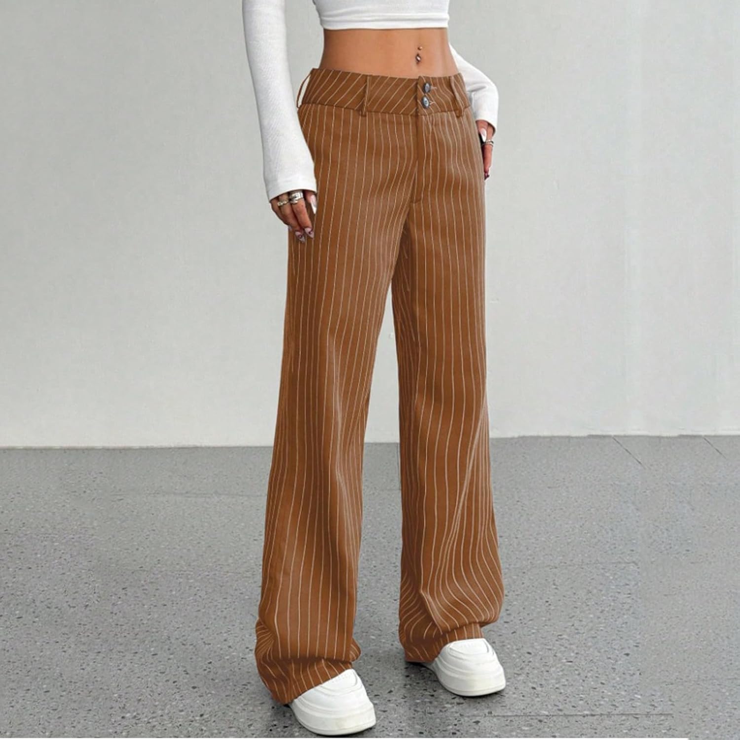 Women's Wide Leg Striped Pants High Waist Business Casual Dress Pant Loose Fit Trousers with Pockets Spring Slacks