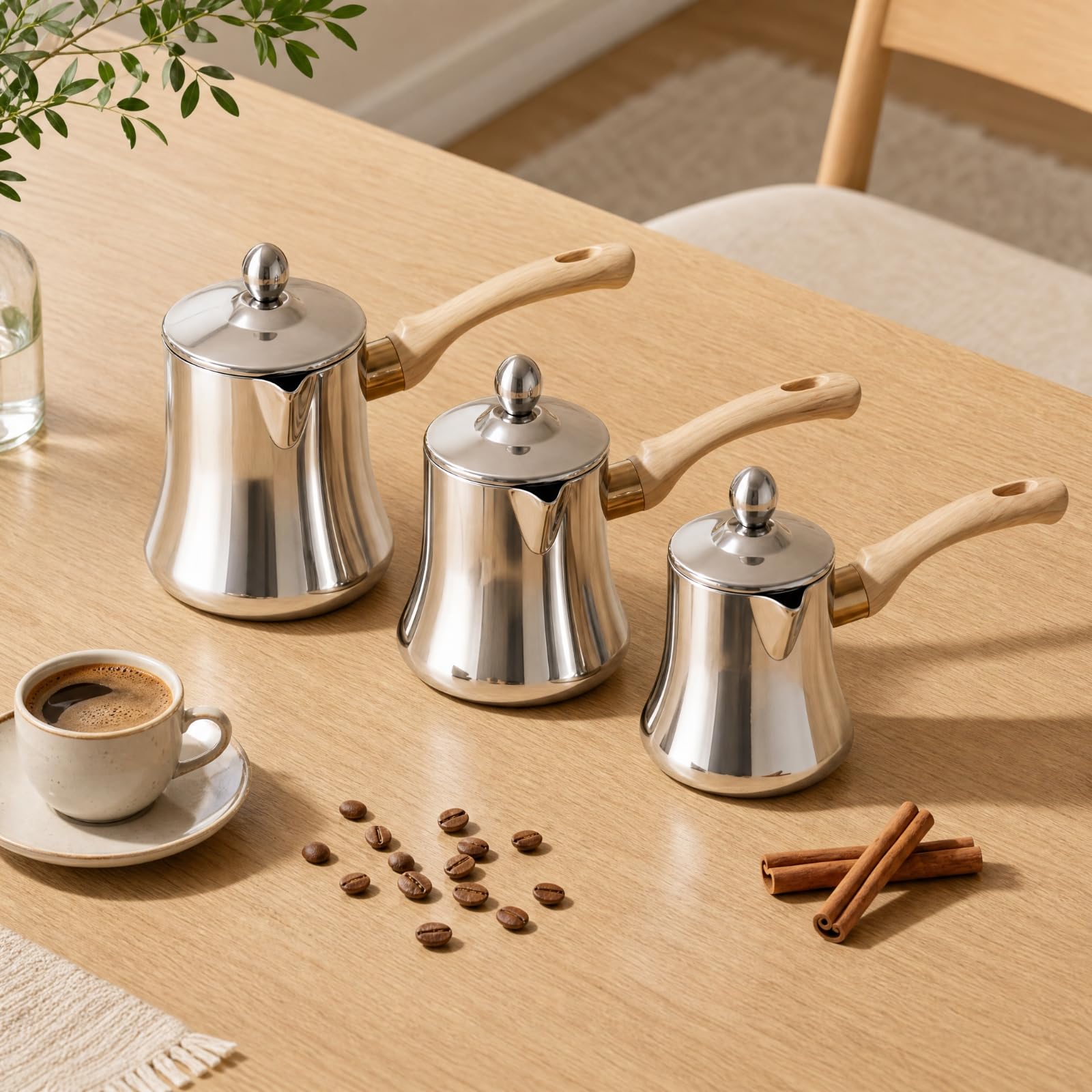 3 Stück Latte-Art-Kanne mit Holzmaserungsgriff glänzend poliert Kaffee-Milchbehälter mit Deckel lebensmittelecht Ausgießer Spout