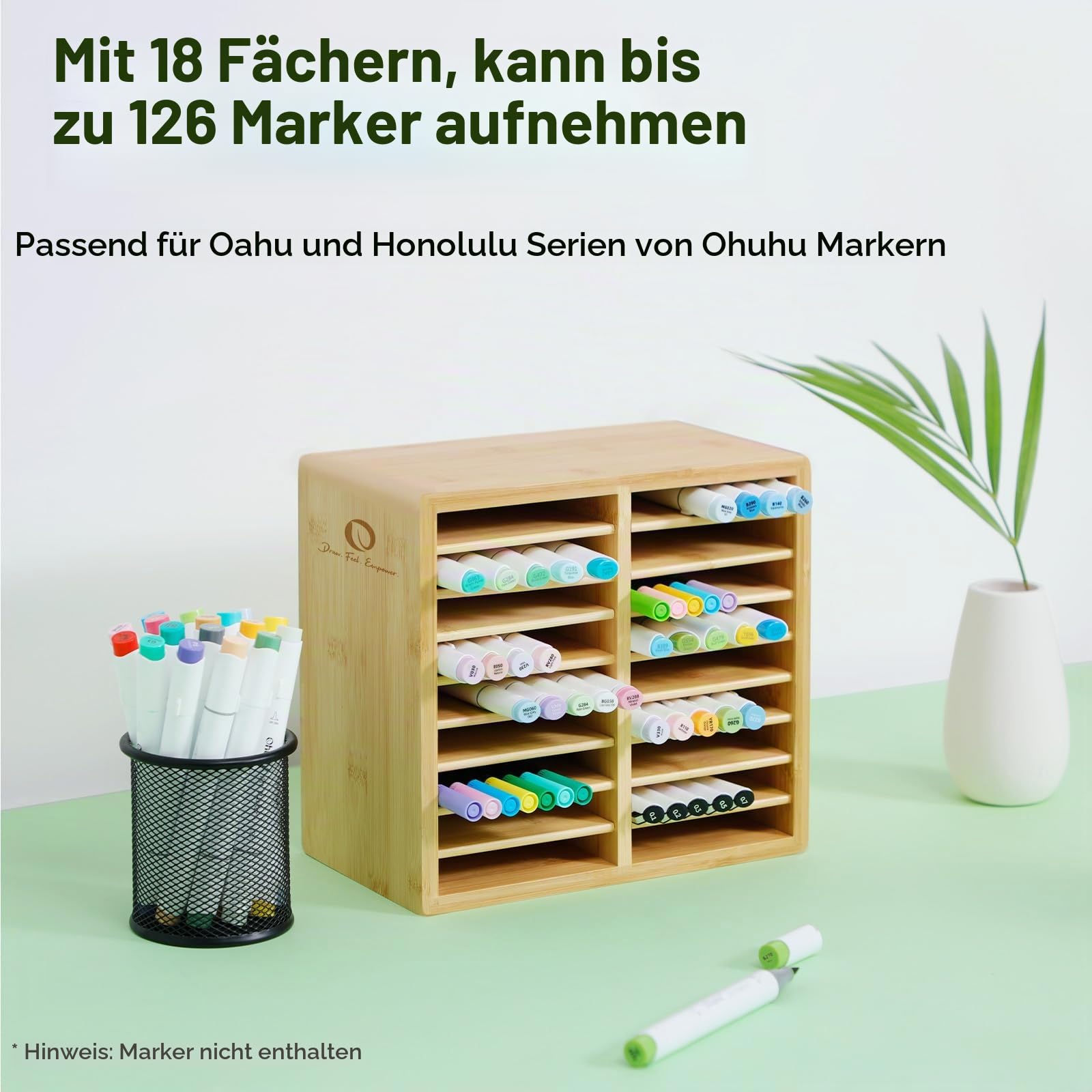 Ohuhu Bambus Organizer,Holz Desktop Aufbewahrung für 126 Markerstifte | Stifte Bleistifte Kunstpinsel stationärer Organizer, Bleistifthalter mit 18 Fächern für Klassenzimmer Büro Dekoration