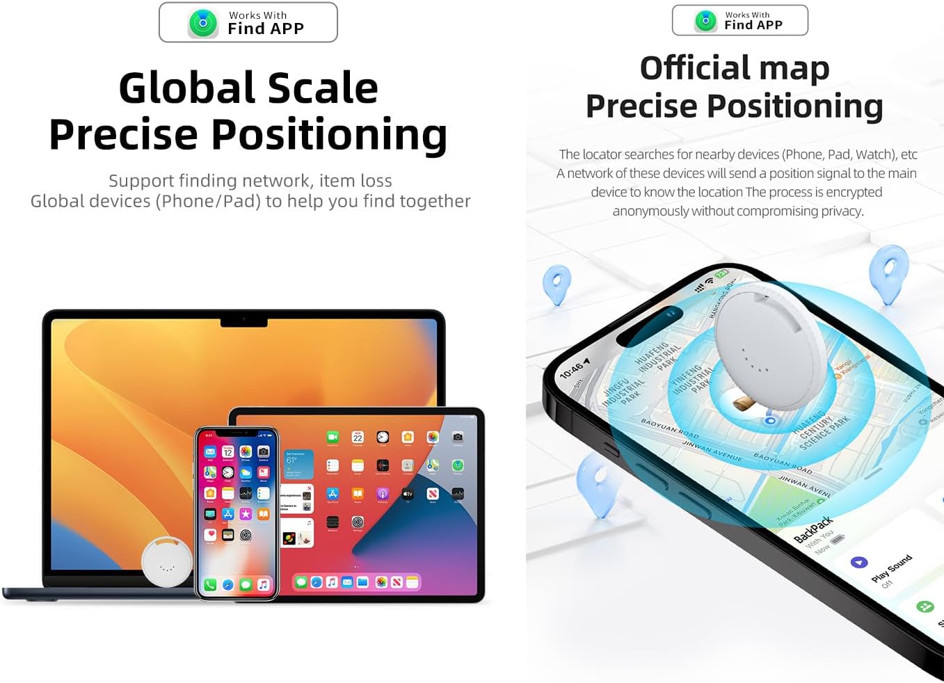 An iPhone and a MacBook displaying the Apple Find My app interface, showing a Wetag tracker's location on a map.