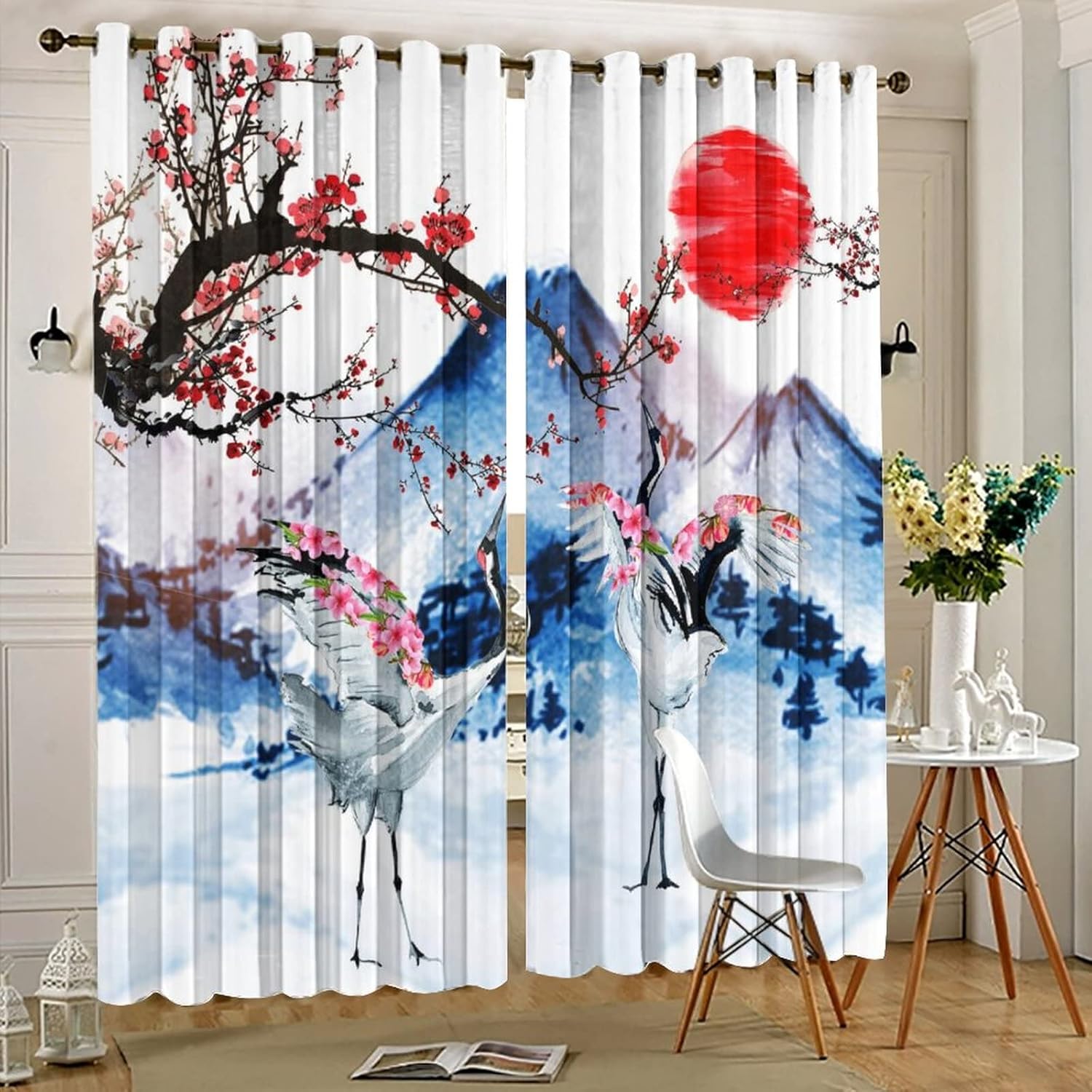 Japanese Crane Ultra Soft Premier Blackout Curtains,Watercolor Japanese Landscape Mount Fuji Red Sun Cherry BlossomThermal Insulated Bedroom Noise Reducing Patio Door Grommet Top,2 Panels 63L x 21W