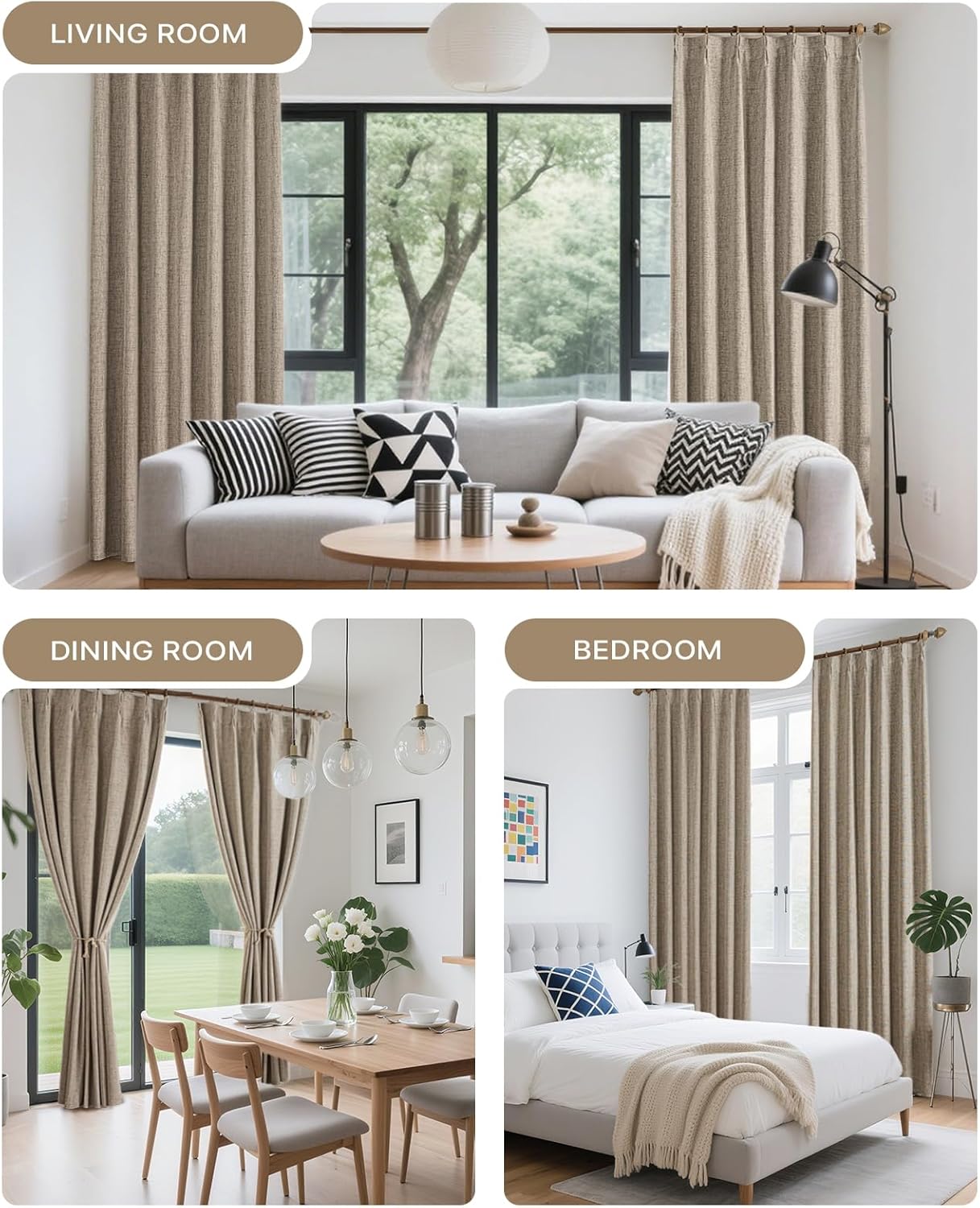 96 Inch Long Linen Pinch Pleated 100% Blackout Curtains & Drapes,Bedroom/Livingroom Farmhouse Curtains 2 Panel Sets,Room Darkening Thermal Insulated Window Curtain