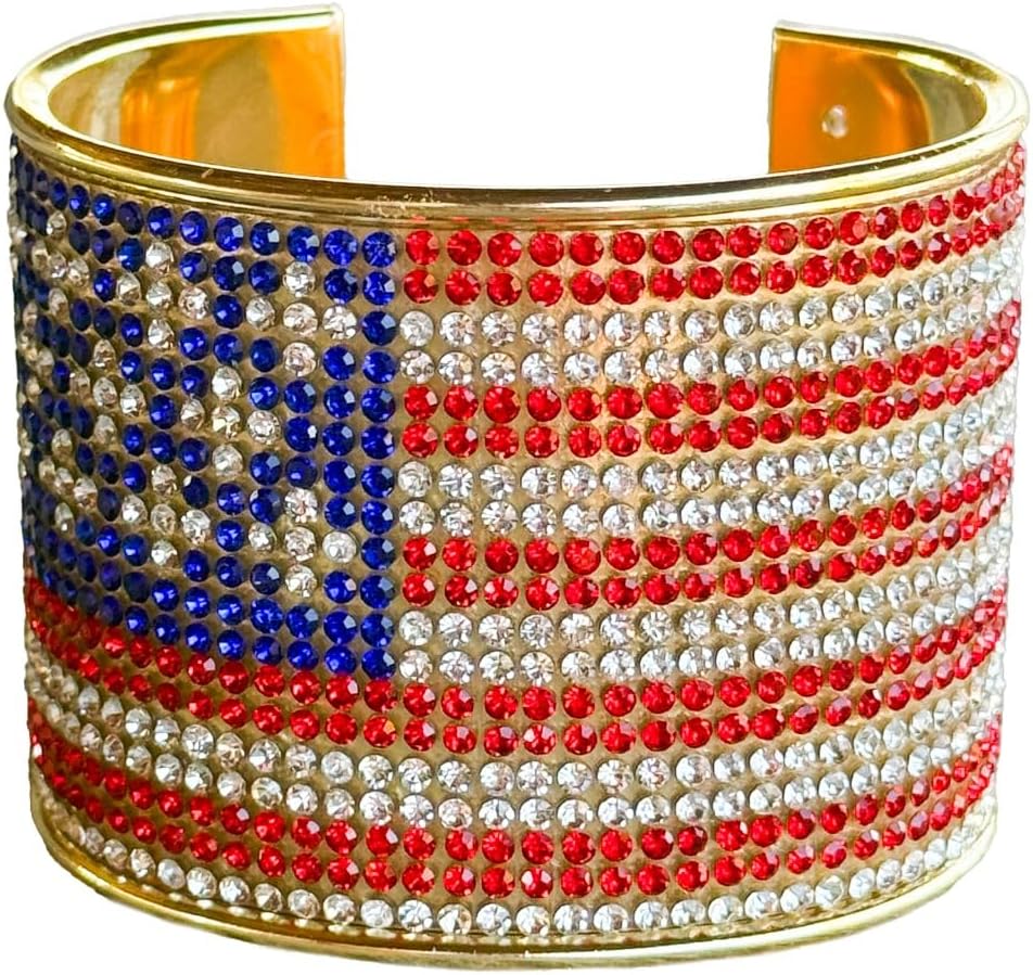American Flag Rhinestone Cuff Bracelet, Gold-Plated USA Patriotic Jewelry, Sparkling Red, White & Blue Crystal Stars & Stripes Bracelet for Patriots, Independence Day & Special Occasions