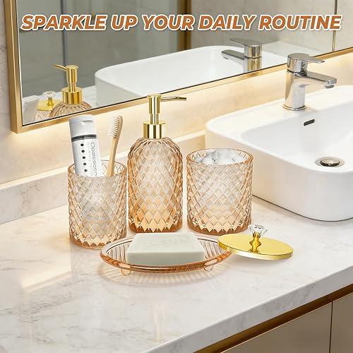Miniatura 5 de Jenseits Amber Glass Bathroom Accessories Set 4 Pcs - Vintage Diamond Pattern Bathroom Set with Gold Pump - Soap Dispenser, Tray, Toothbrush Holder,