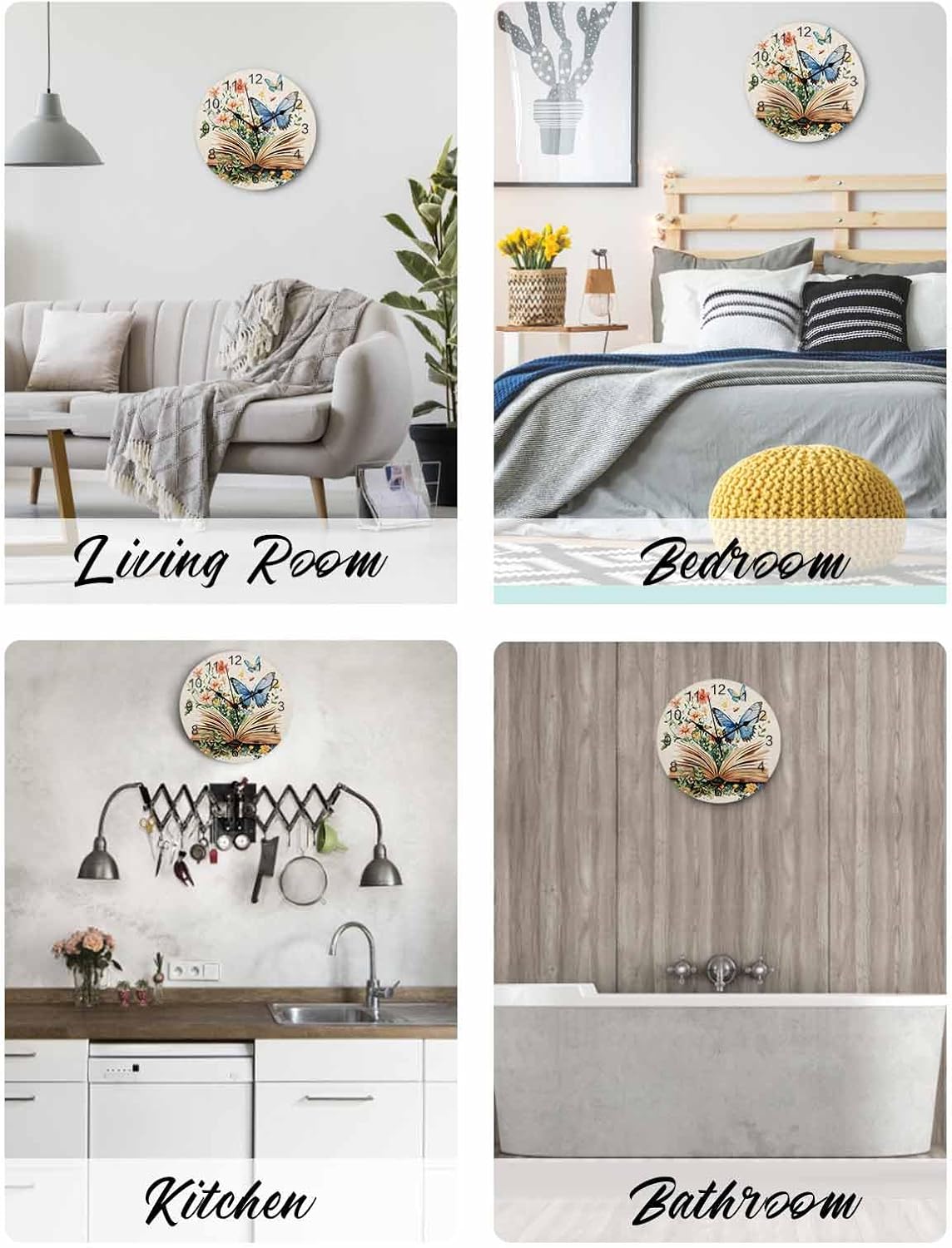 Wall Clock Book Clocks PVC Silent Non-Ticking Battery Operated Decorative Flower Butterflies Round Clock for Home Living Room Kitchen Bedroom Office School Wall Decor 14 Inch