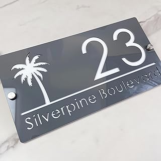 Personalisiertes Adressschild - 3D-Hausnummer aus Acryl, Laserschnitt, modernes Design mit Schwimmeffekt und Lebensbaum, Außenschild für Haus, Hotel und Wohnung (Gray White)