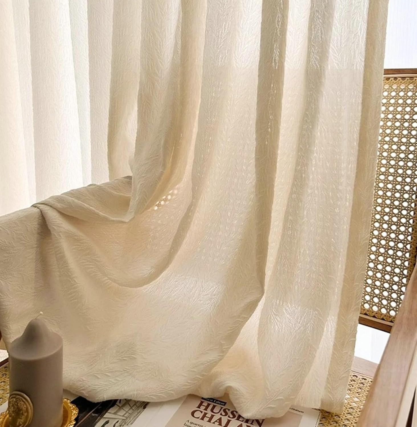 Semi Sheer Curtains for Living Room 2 Panels Set 72 inch Long, Semi Transparent Curtains Eyelets Solid Color Jacquard Embossed Leaves Window Treatments Cream Yellow, 42 x 72 Inch