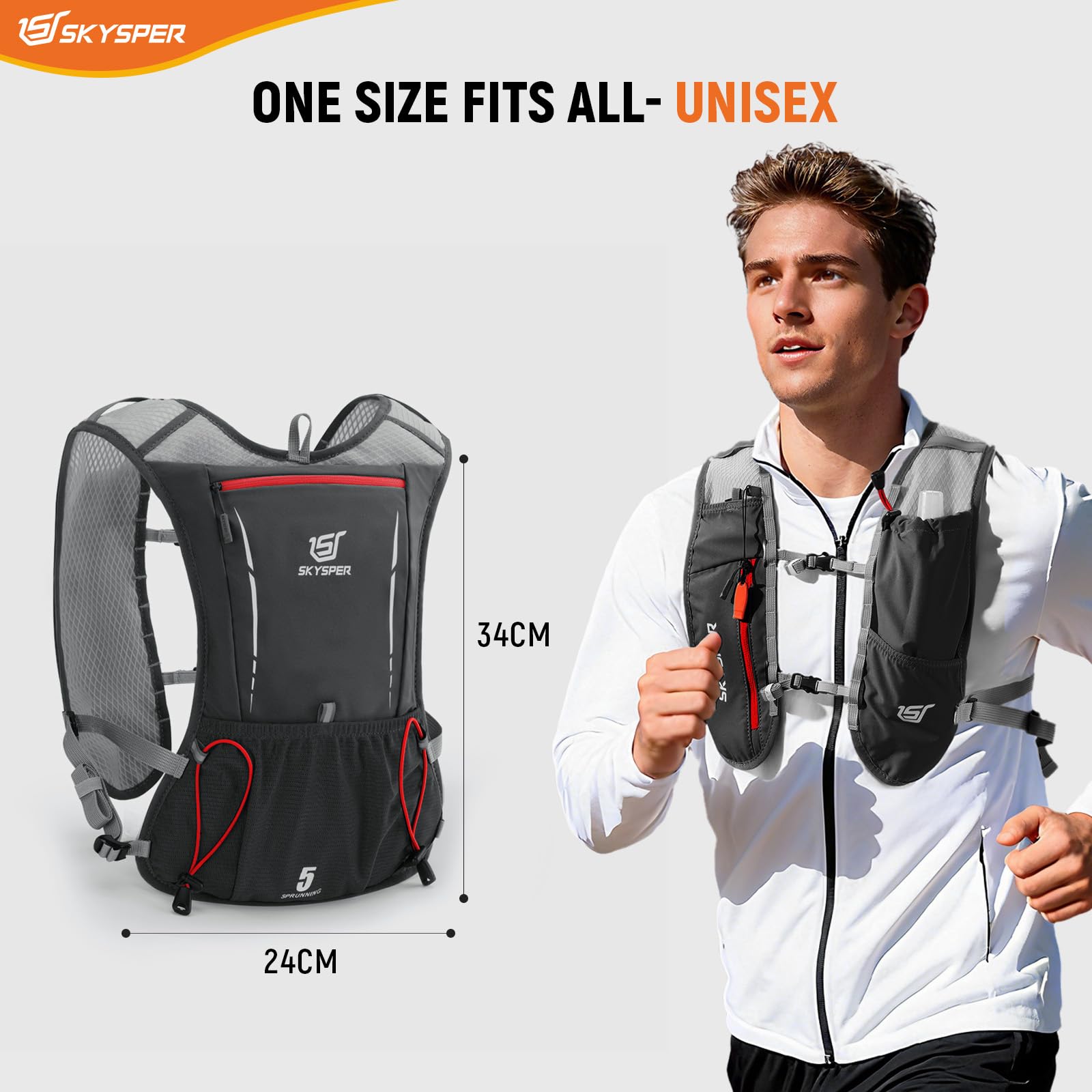 SKYSPER Gilet Hydratation Running 5L, Sac Trail avec Bouteille Souple 500ml pour Course à Pied Marathon Trail Randonnée Femme Homme