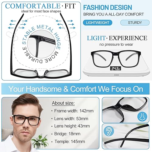 Miniatura 4 de MARE AZZURO Gafas de lectura de gran tamaño para hombre, lectores cuadrados grandes 1.0 1.25 1.5 1.75 2.0 2.25 2.5 2.75 3.0 3.5 4.0 5.0 6.0
