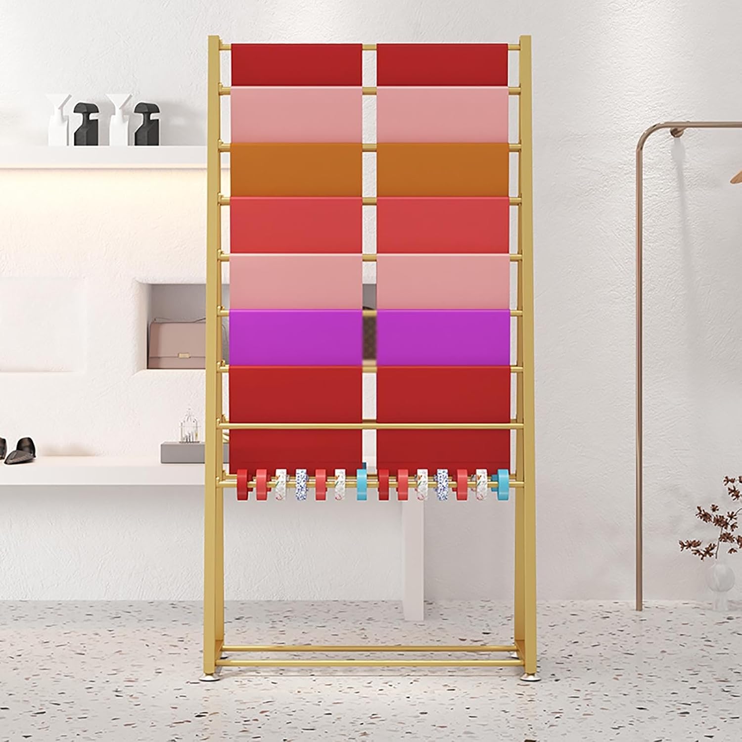 Extra Tall Double-Sided Wrapping Paper Ribbon Rack Holder, Freestanding Large Capacity Shawl Scarf Display Stand with Removable Crossbar, Flower Store/Gift Sho（Gold-L 100cm/39.4in）