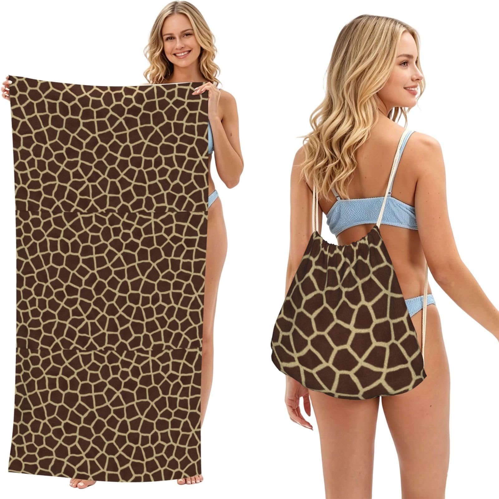 Poadnly As Picture Giraffe Pattern, 2 In 1 Packable Towel Bag, Beach Towels With Drawstring Backpack For Travel Holiday Camping