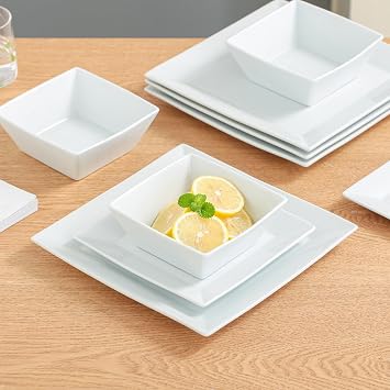 DOMINI 12-Piece Ceramic Kitchen Dinnerware Set, Service for 4, Porcelain Dishes Dinner Set, Square Dinnerware Sets with Dinner Plates, Dessert Plates and Pasta Bowls,Square-White