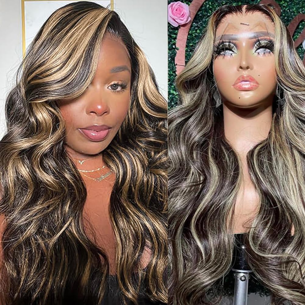 Ombre Lace Front Wig Human Hair Pre Plucked 1B/27 Highlight Lace Front Wig Human Hair 13x4 Body Wave Wigs 180% Density Colored Glueless Wigs 22 Inch