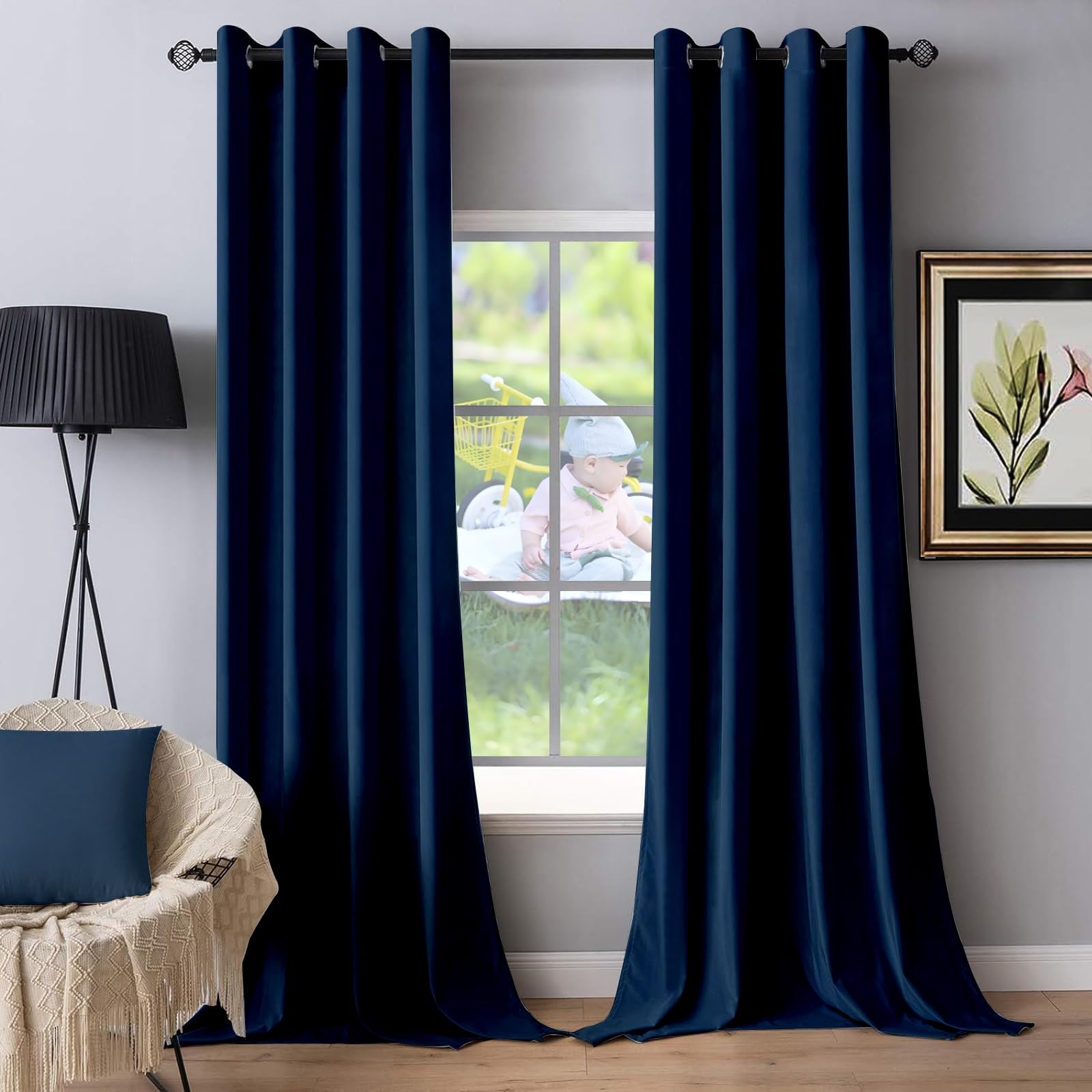 Set Van 2 Gordijnen, Verduisteringsgordijn 160 x 270 cm Verduisterend/Thermisch/Eenkleurig/Kant en Klaar in Polyester 100% Verduisteringsgordijn met Oogjes Voor Badkamer Slaapkamer, Marineblauw