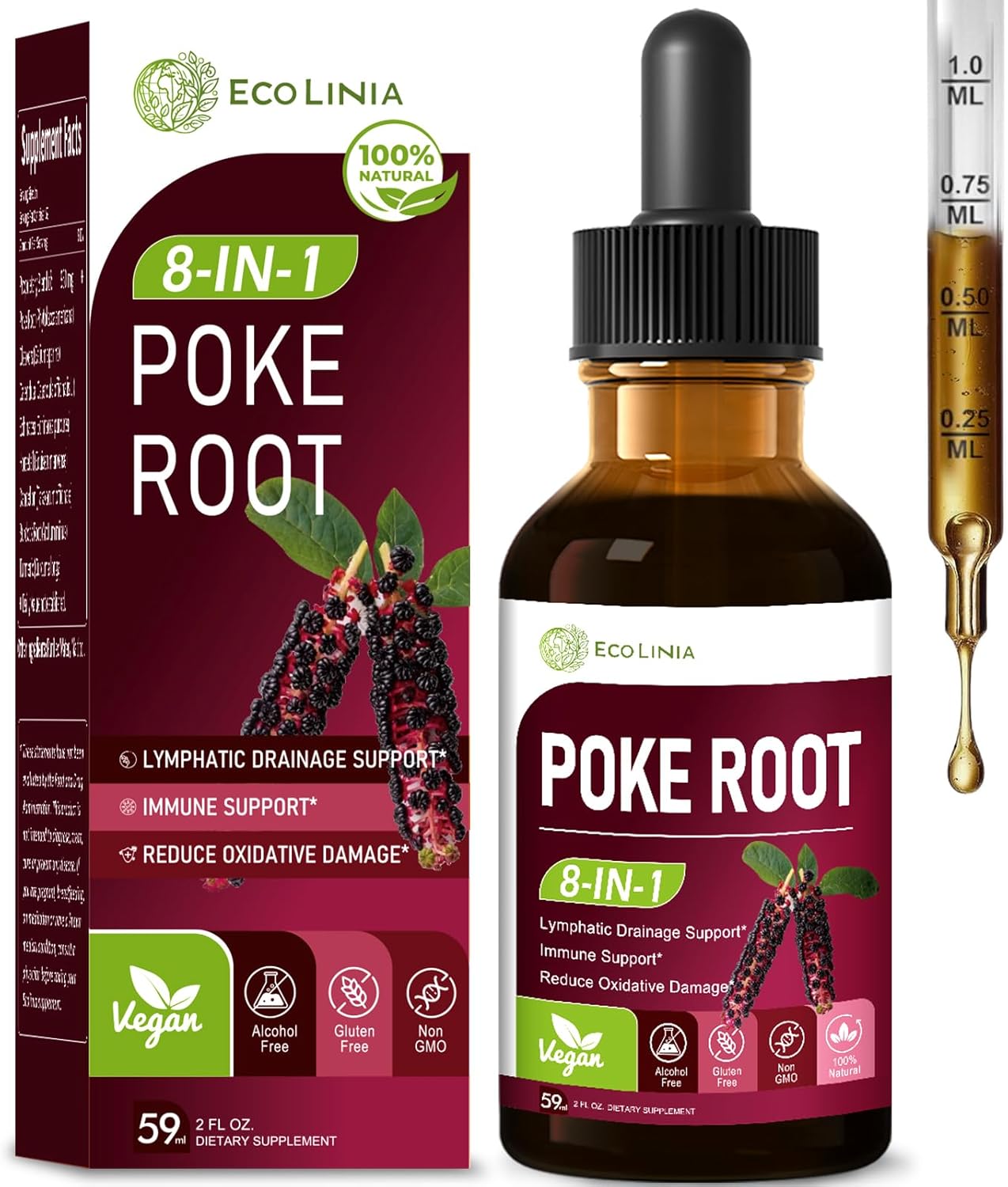 Poke Root Drops for Lymphatic Drainage & Immunity, 8-in-1 Herbal Formula Supplement for Lymph System Support with Cleavers Burdock Root Echinacea. 2 oz