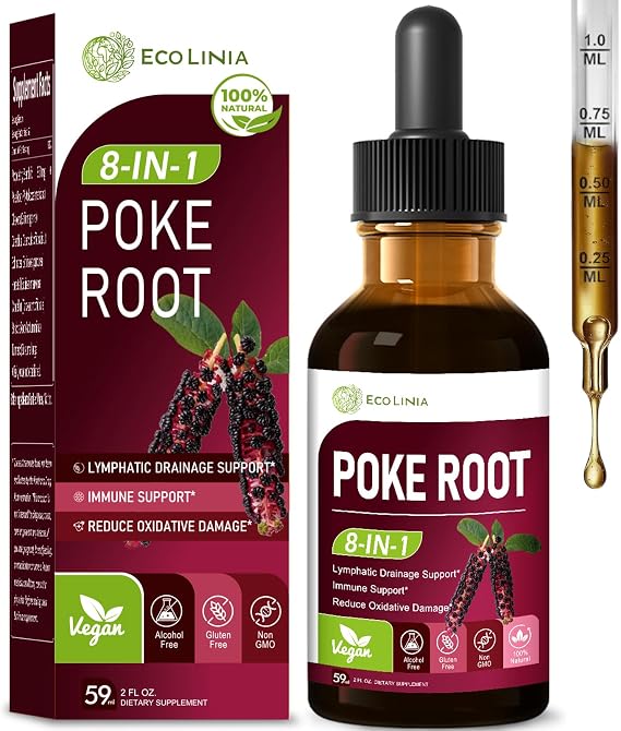 Poke Root Drops For Lymphatic Drainage &amp; Immunity, 8-in-1 Herbal Formula Supplement For Lymph System Support With Cleavers Burdock Root Echinacea. 2 Oz