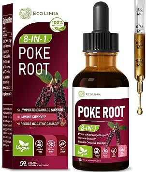 Poke Root Lymphatic Drainage Drops. 8-in-1 Herbal Complex Lymphatic Cleanse Supplements w/Cleavers, Echinacea & Horsetail Herb Extract Blend. Supports Lymph System & Immunity. Non-GMO. 2 oz
