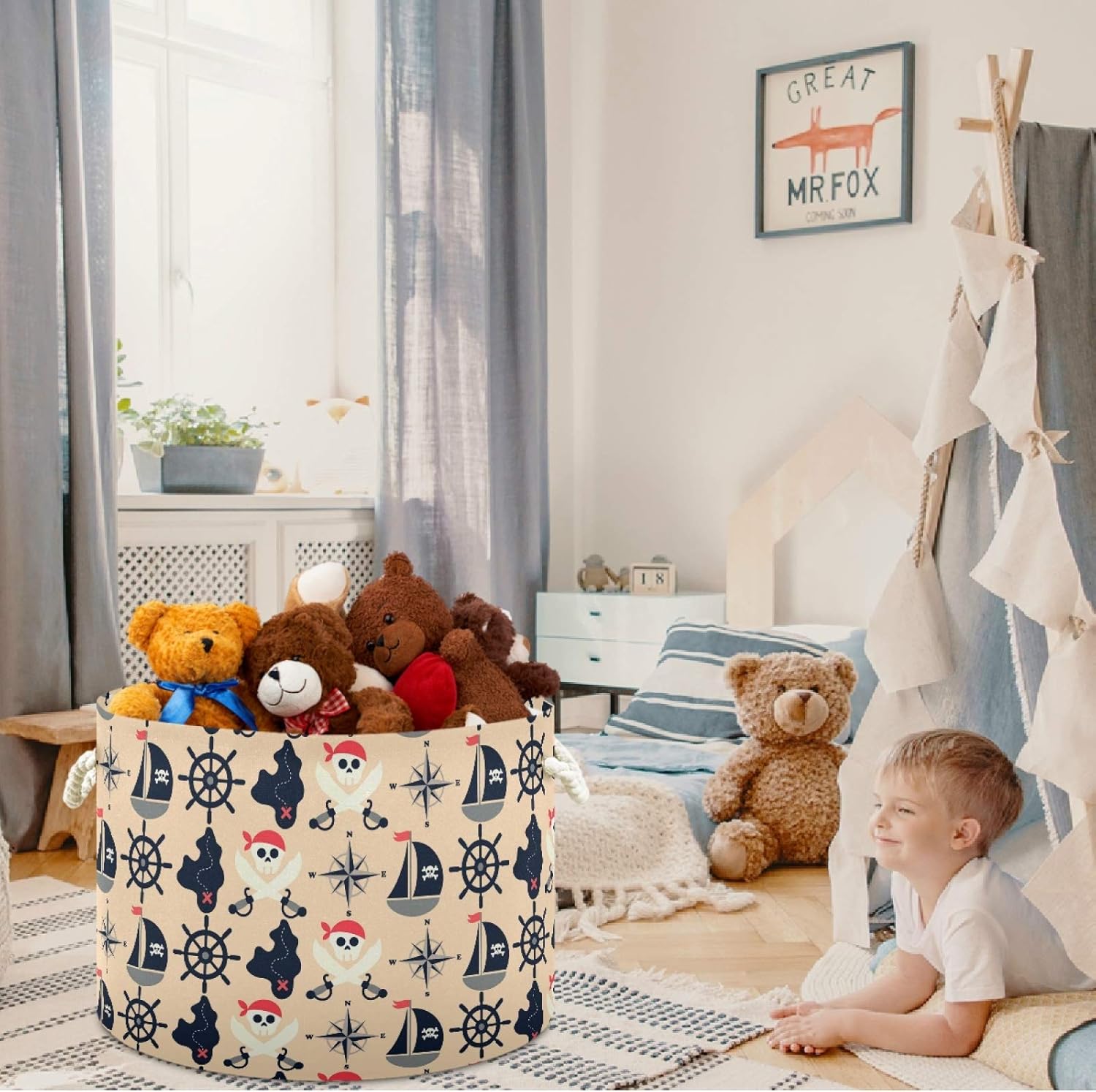 visesunny Collapsible Large Capacity Basket Vintage Pirate Skull Clothes Toy Storage Hamper with Durable Cotton Handles Home Organizer Solution for Bathroom, Bedroom, Nursery, Laundry,Closet