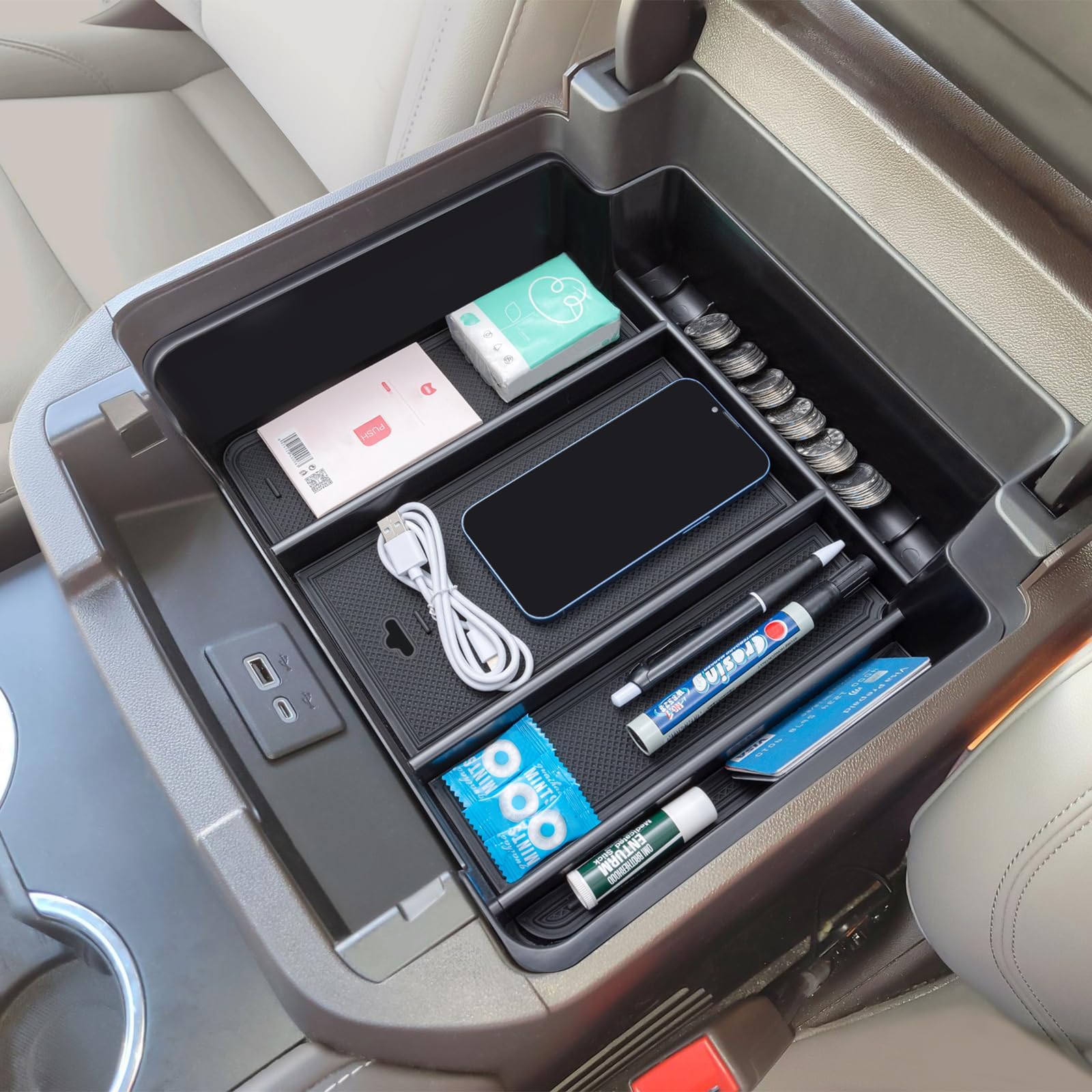 TOPINSTALL New Full-Size Console Tray Compatible with 2021-2023 Chevy Suburban Tahoe/GMC Yukon Accessory (Does Not Fit Power-Sliding Console), Center Console Organizer Armrest Storage Insert