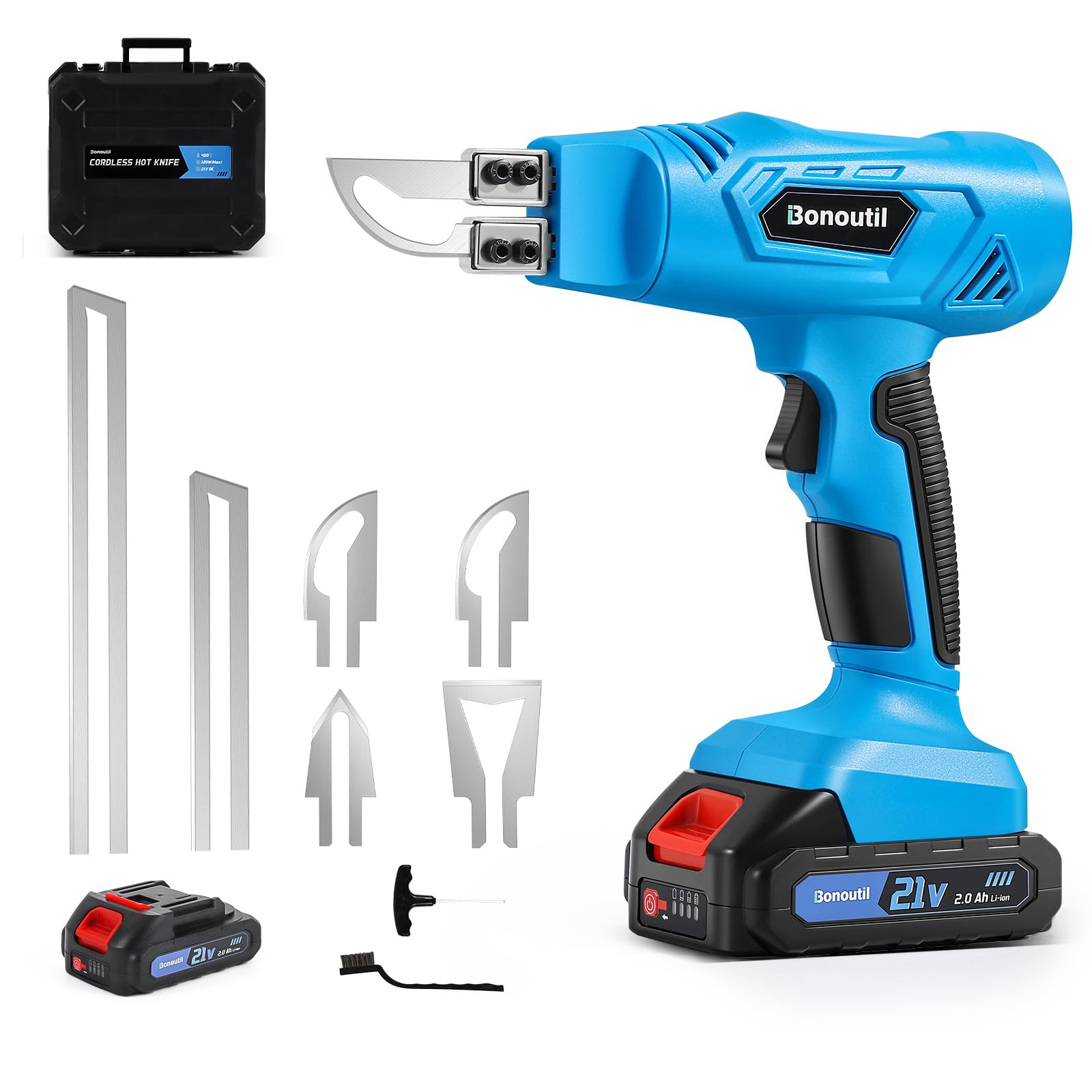 Bonoutil 21V Cordless Hot Knife Foam Cutting Tools with 6 Blades 2.0Ah Battery Powered 5-Second Quick Heating Electric Cutting Tool Air Cooling System