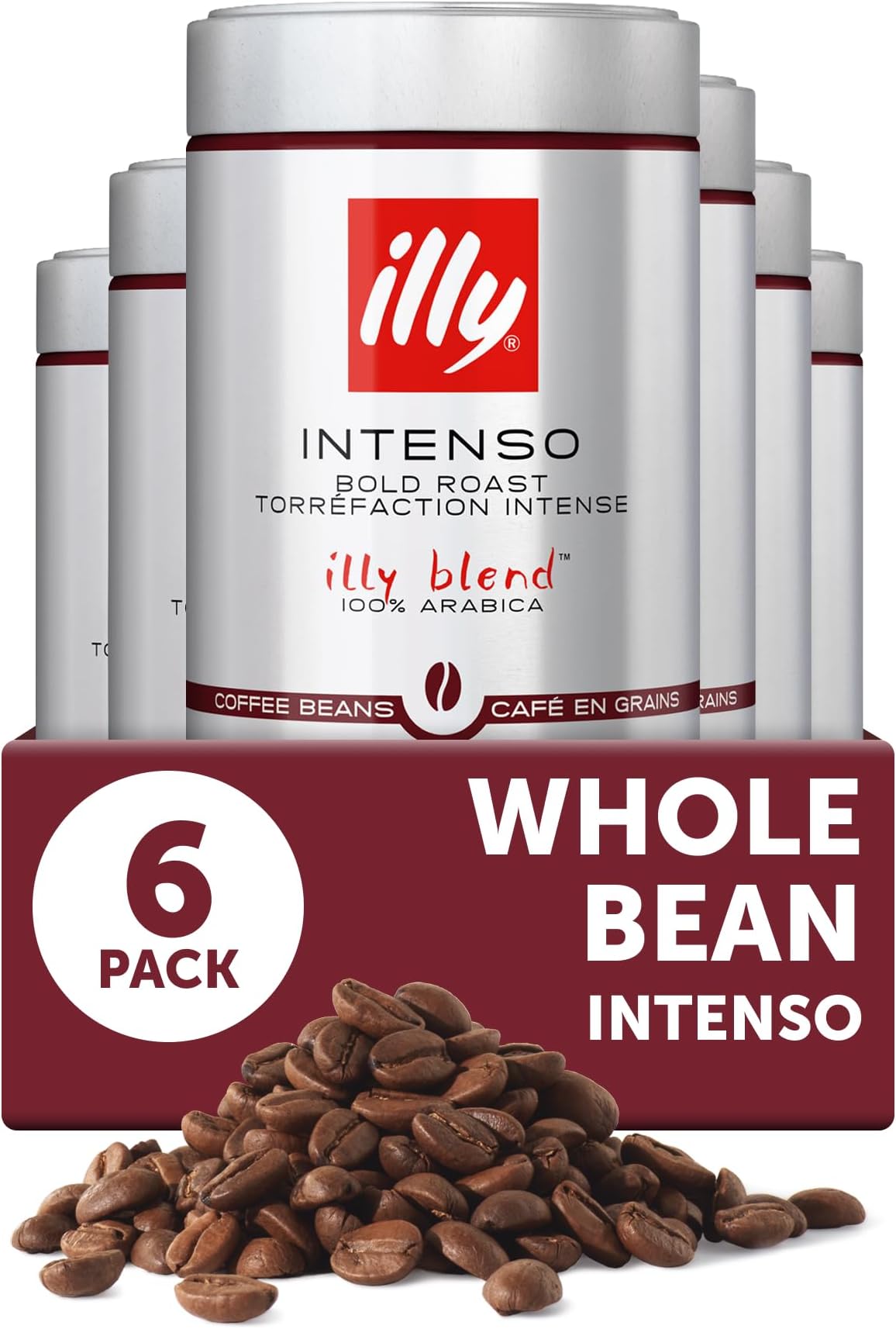 Whole Bean Coffee, Intenso Bold Roast, 100% Arabica, Premium Italian Coffee, Ideal for Espresso, Drip, Moka and French Press Brewing, 8.8oz, 6 Pack