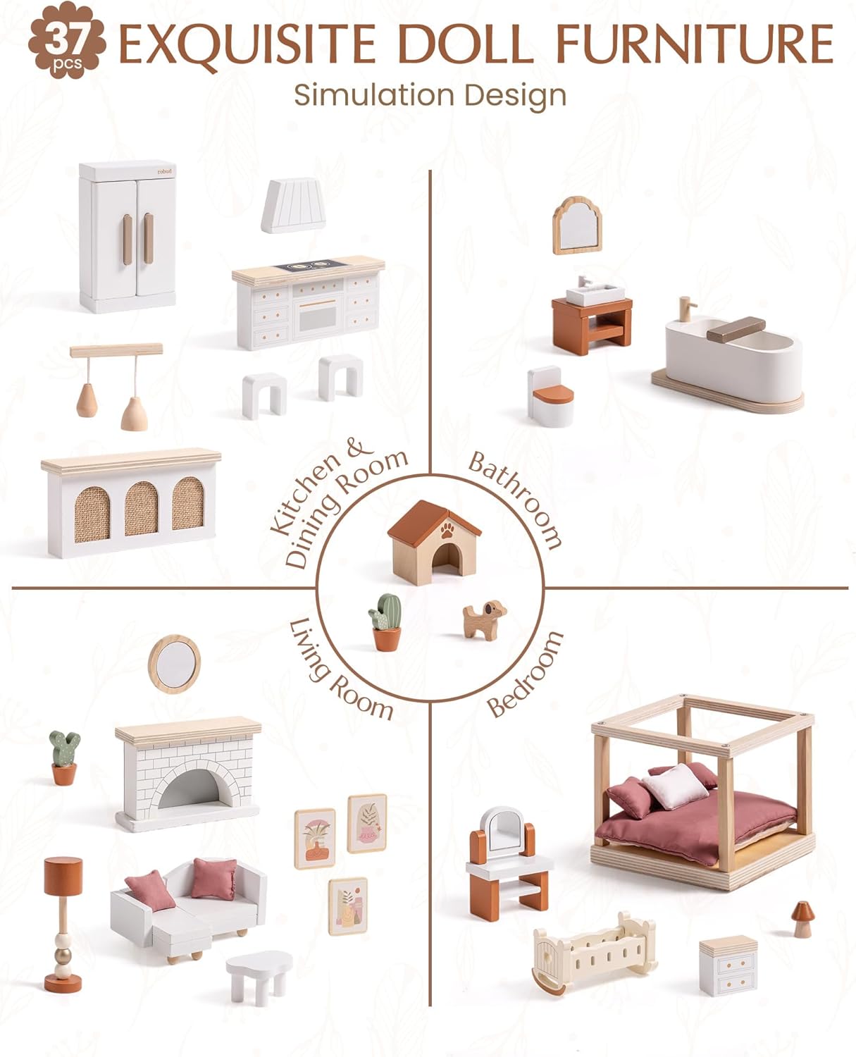 Image showing all 37 pieces of dollhouse furniture and accessories included in the package.