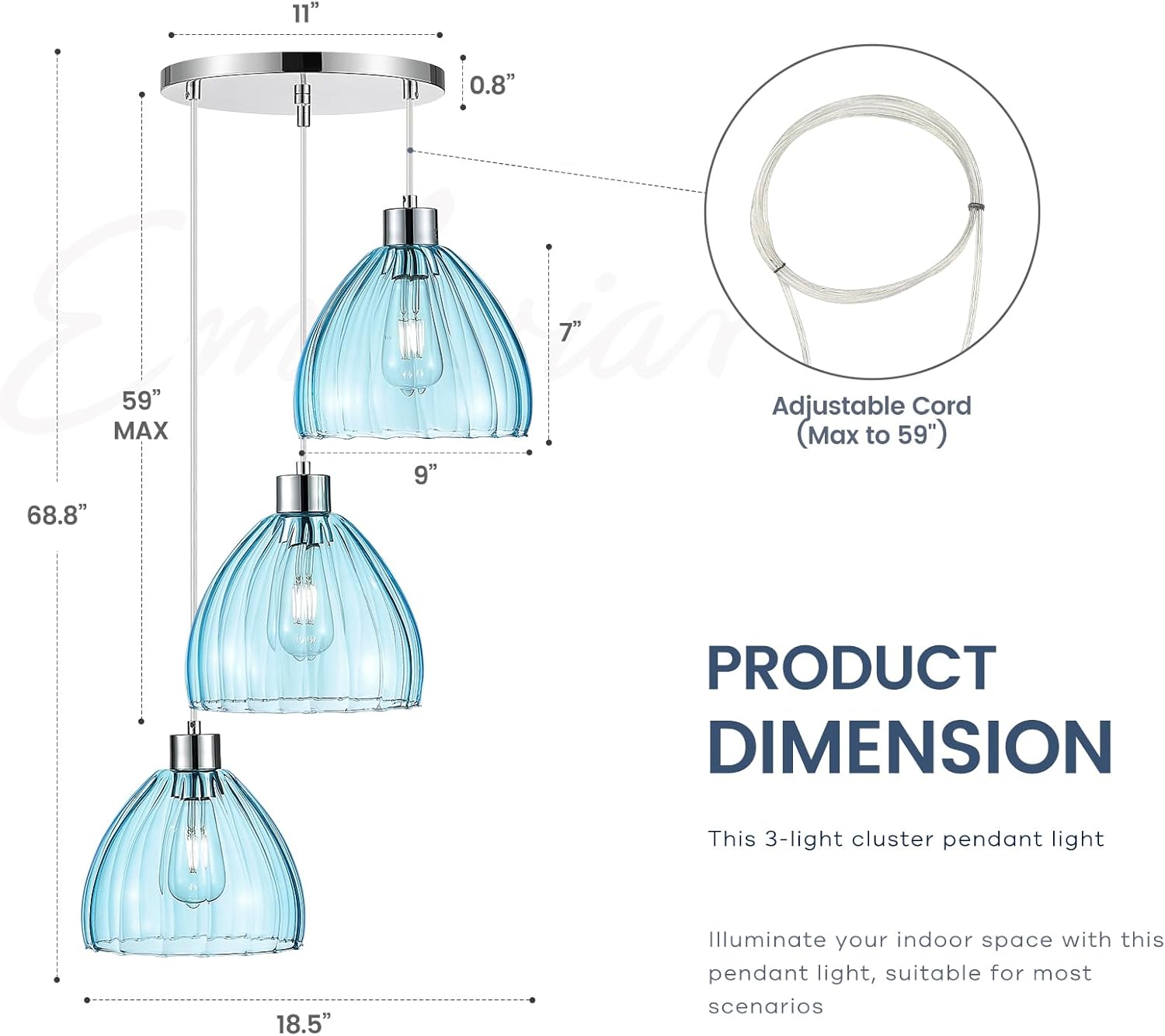 Emliviar 3-Light Cluster Pendant Light, Modern Hanging Pendant Light for Kitchen Island Dining Room Bedroom, Unique Blue Glass in Chrome Finish, HE289G2-3 CH
