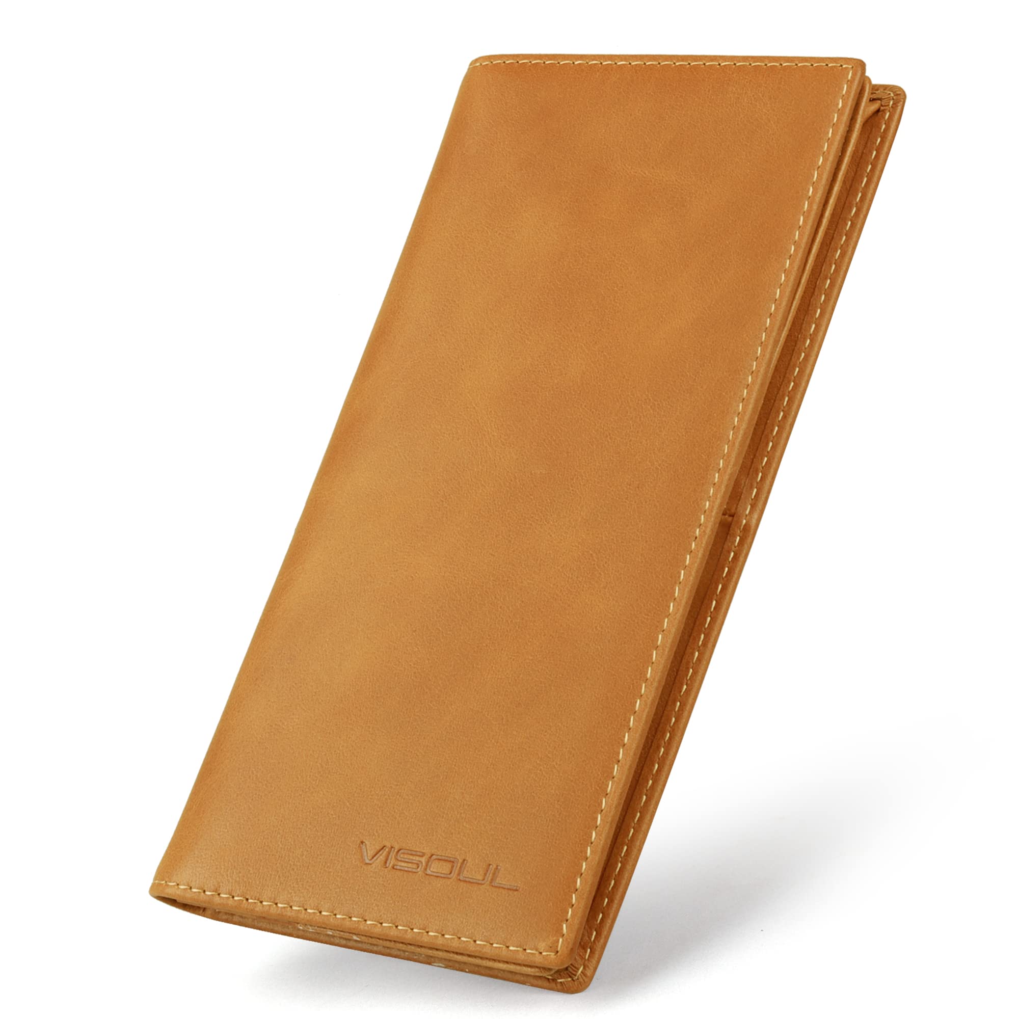 VISOUL Leather Checkbook Cover Wallet for Men with RFID Blocking, Mens Long Bifold Cash Tall Wallet with 11 Credit Card Slots 1 ID Window (Tan)