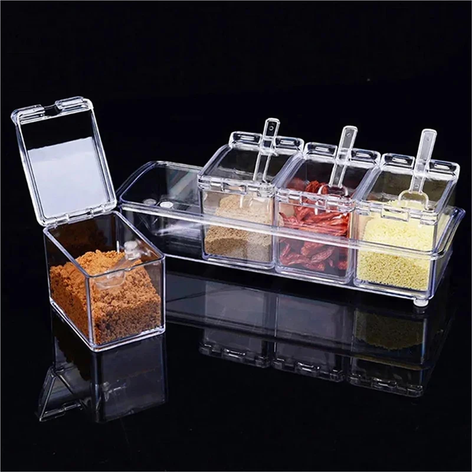 Pot à épices de cuisine 4 boîtes d'assaisonnement transparentes, conteneurs stockage avec couvercles et cuillères Pour Spice
