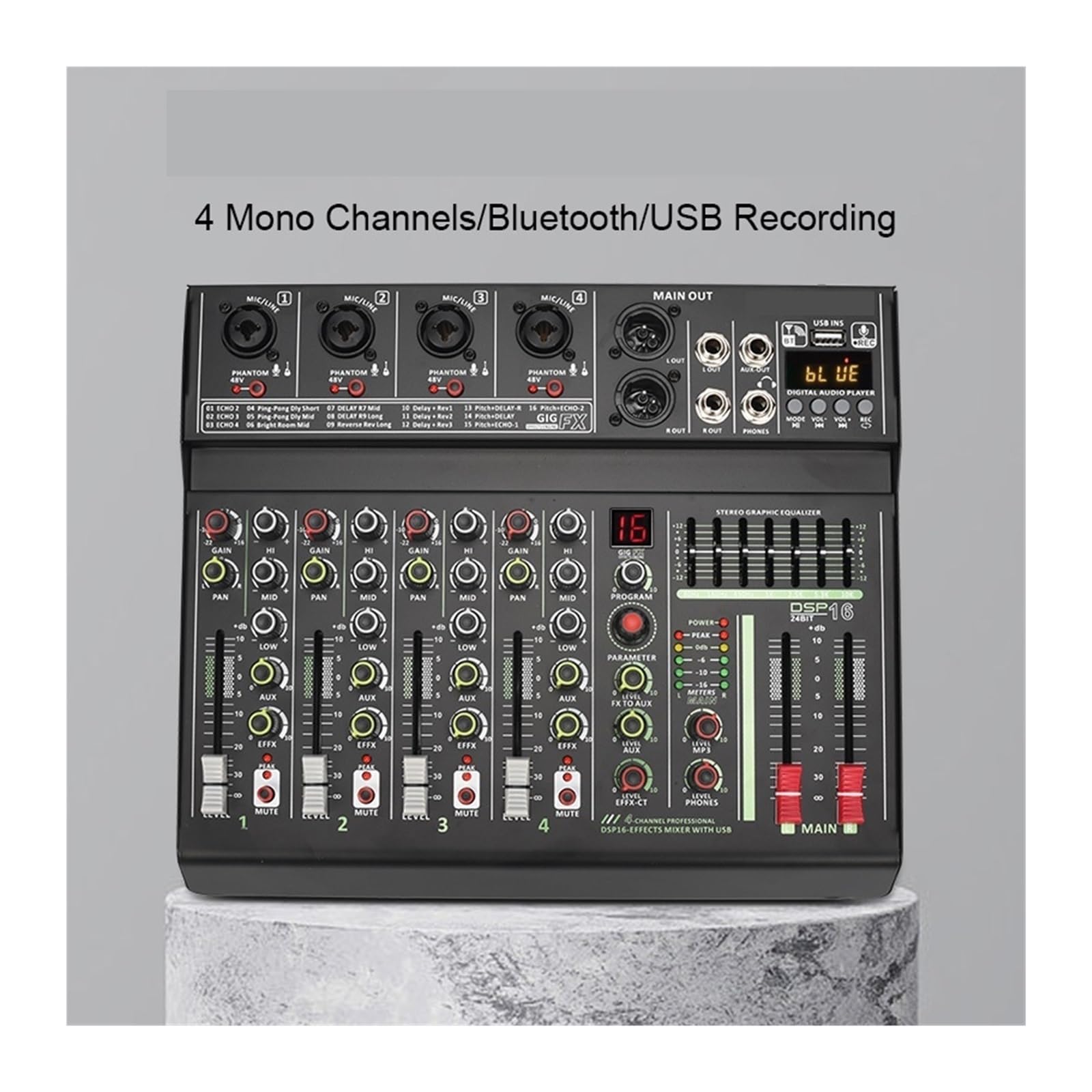 Mikser dźwięku, 4-kanałowy mikser DJ Profesjonalny 16-kanałowy DSP Indywidualny 48V Phantom Power USB Play Record Pro Sound Table