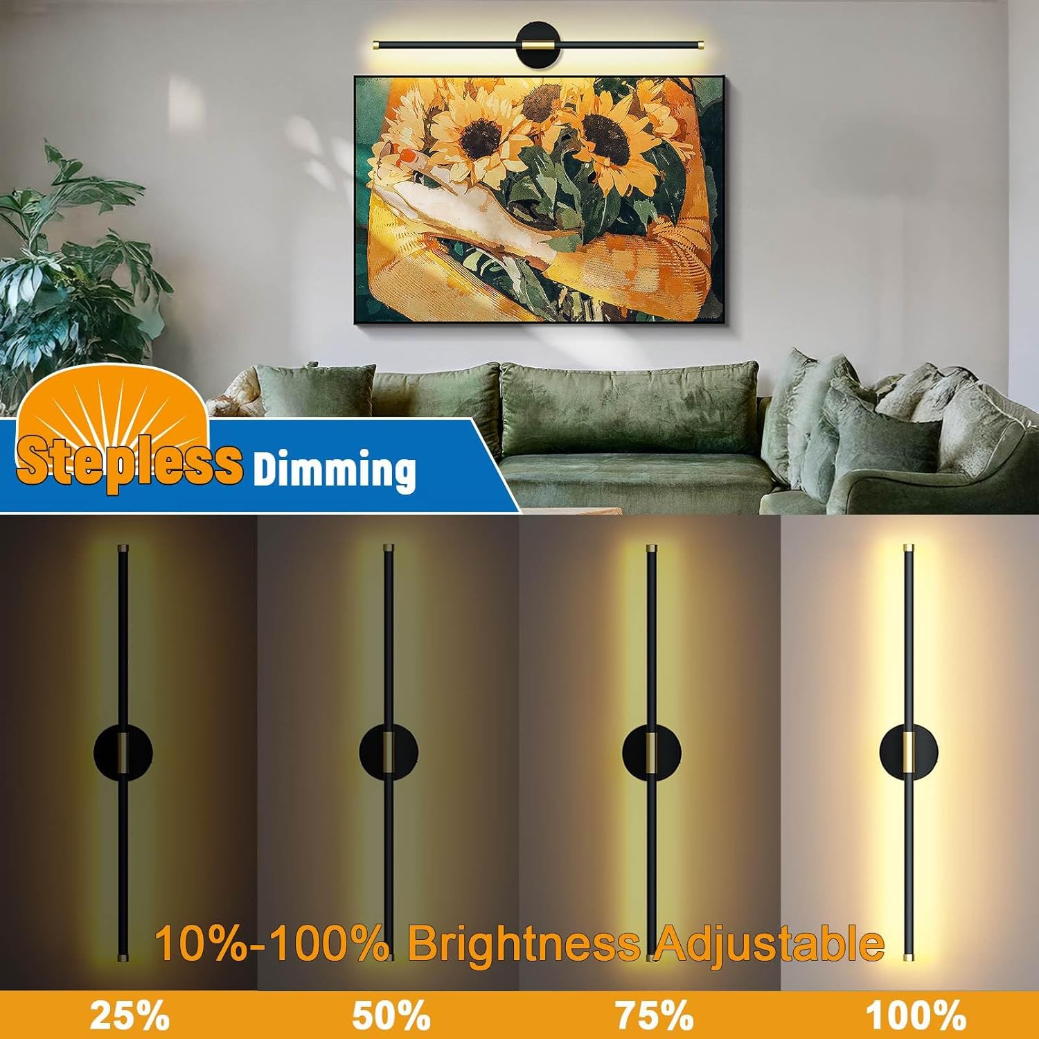 31.5" Battery Operated Wall Sconces Set of 2, Rechargeable Wall Sconces with Remote Timer 3000K/4000K/6000K Dimmable, Wireless Wall Lights for Pictures Paintings Artworks, Black Gold