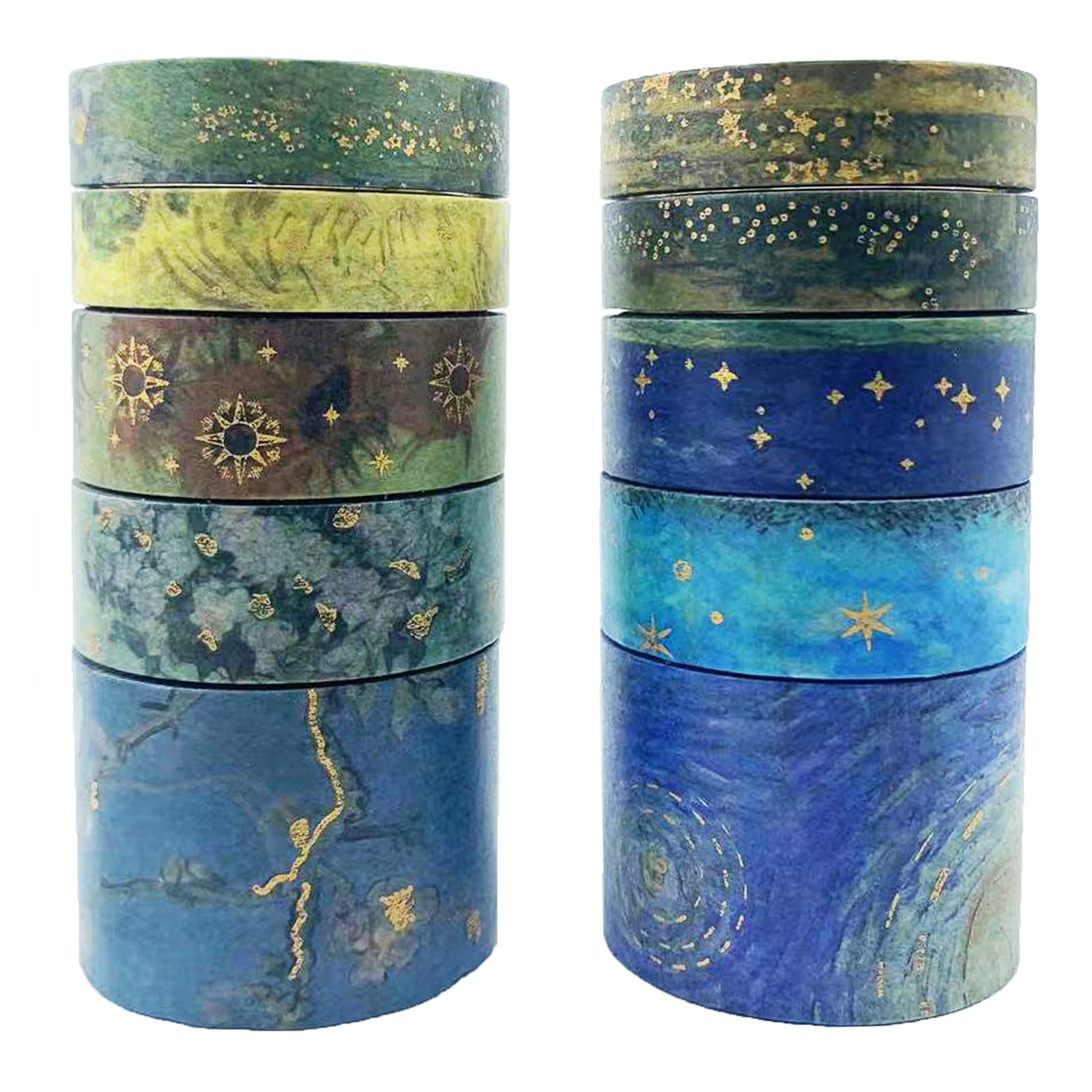 Cotrida Van Gogh Gold Washi Tape Set 10 Rolls, Premium Mixed Size Starry Night, Star, Floral, Yellow Sunflower, Blue Sky Washi Tapes for Craft, Kids,