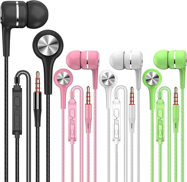 A12 Headphones Earphones Earbuds Earphones, Noise Islating, High Definition, Fits All 3.5mm InterfaceStereo for Samsung, iPhone,iPad, iPod and Mp3 Players(Black+White+Pink+Green 4pairs)