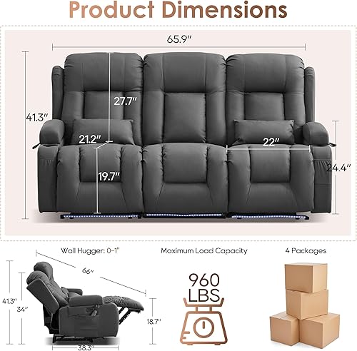 Miniatura 3 de TUNYI Sofá reclinable eléctrico con masaje y calor, asiento de cine en casa con consola, sofá reclinable eléctrico para caravana con