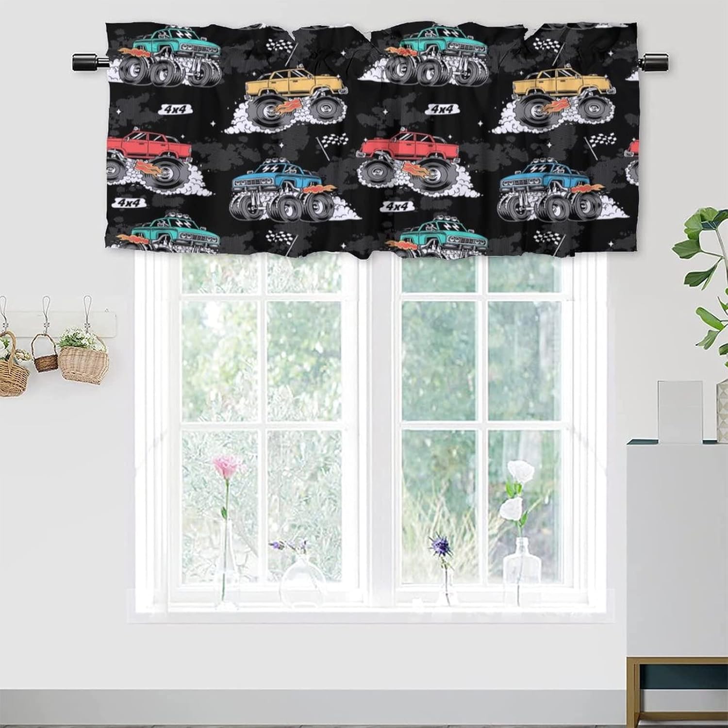 Boys Monster Truck Blackout Curtain Valances,Colorful Cartoon Sports Theme Monster Trucks Energy Efficient Rod Pocket Curtain Window Valances for Kitchen Windows 54x18inch（2Pcs）