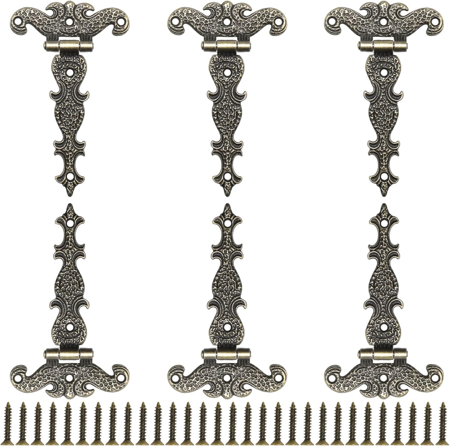 Aifeier ET 6Pcs Vintage T-Shape Hinge, 4-1/2" x 2-3/4" Antique Black Decorative Hinges, Carved Alloy Hinge with Screws for Small Wooden Box, Jewelry Box, Cupboard, Gate Cabinet, Wardrobe