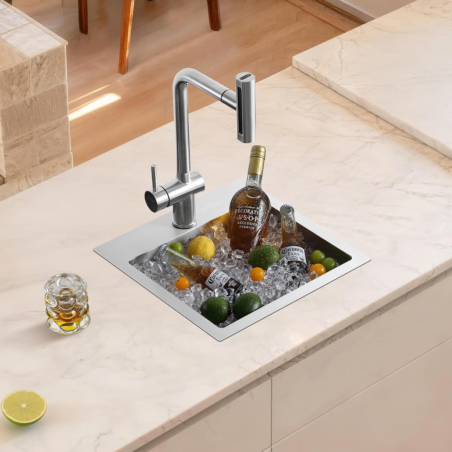 15 x 15 inch Bar Sink, Drop-in Tight Radius Brushed Stainless Steel Topmount Kitchen Sink Single Bowl